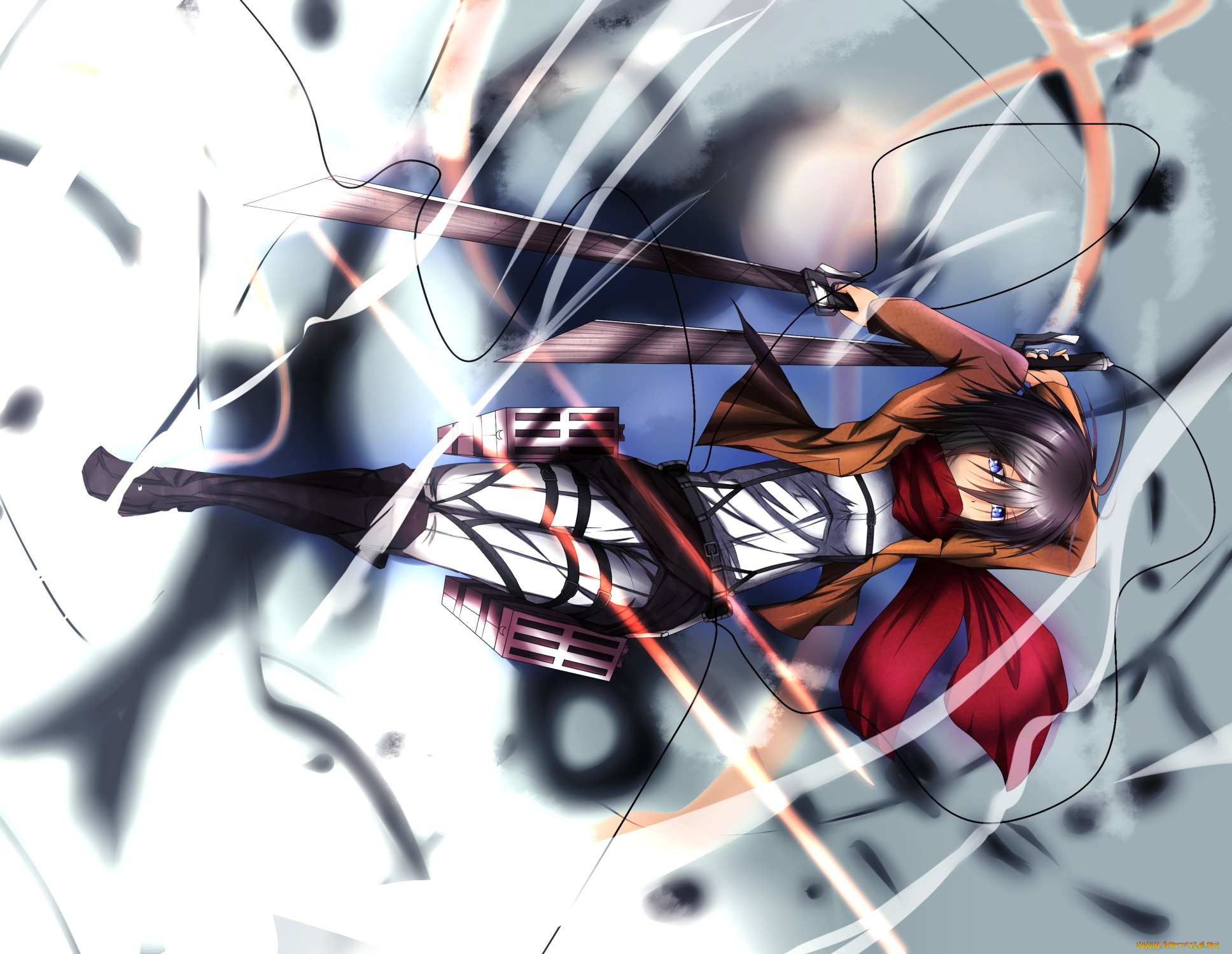 аниме, shingeki, no, kyojin, mikasa, ackerman, разрушения, дым, тросы, девушка, жест, смущение, клинки, полет, art