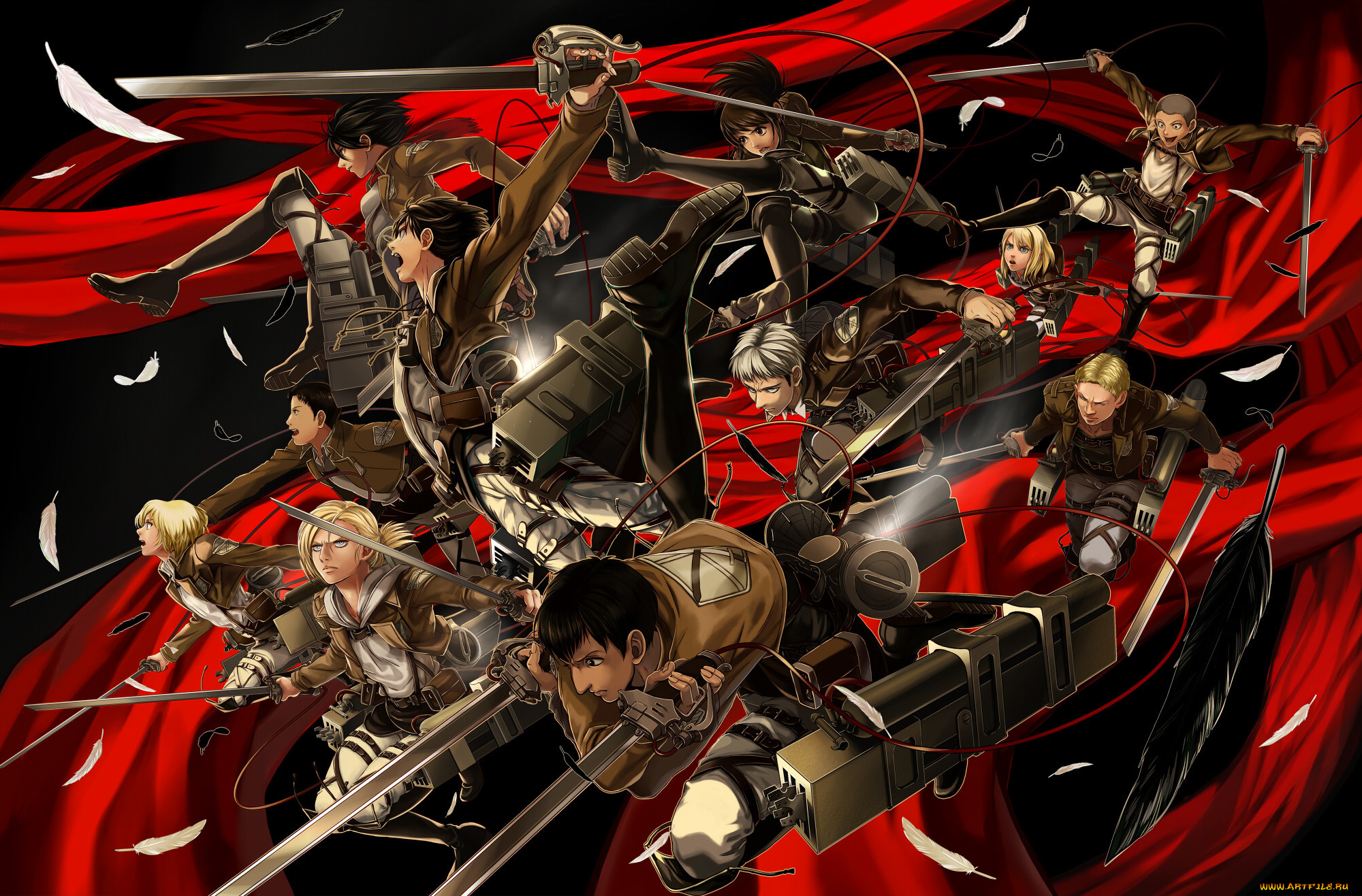 аниме, shingeki, no, kyojin, art, kanikajika, девушки, парни, annie, leonhardt, armin, arlert, bertholt, fubar, christa, renz, conny, springer, eren, jaeger, jean, kirchstein, mikasa, ackerman, reiner, braun, sasha, browse, злость, радость, полет, клинки, солдаты, перья, шарф