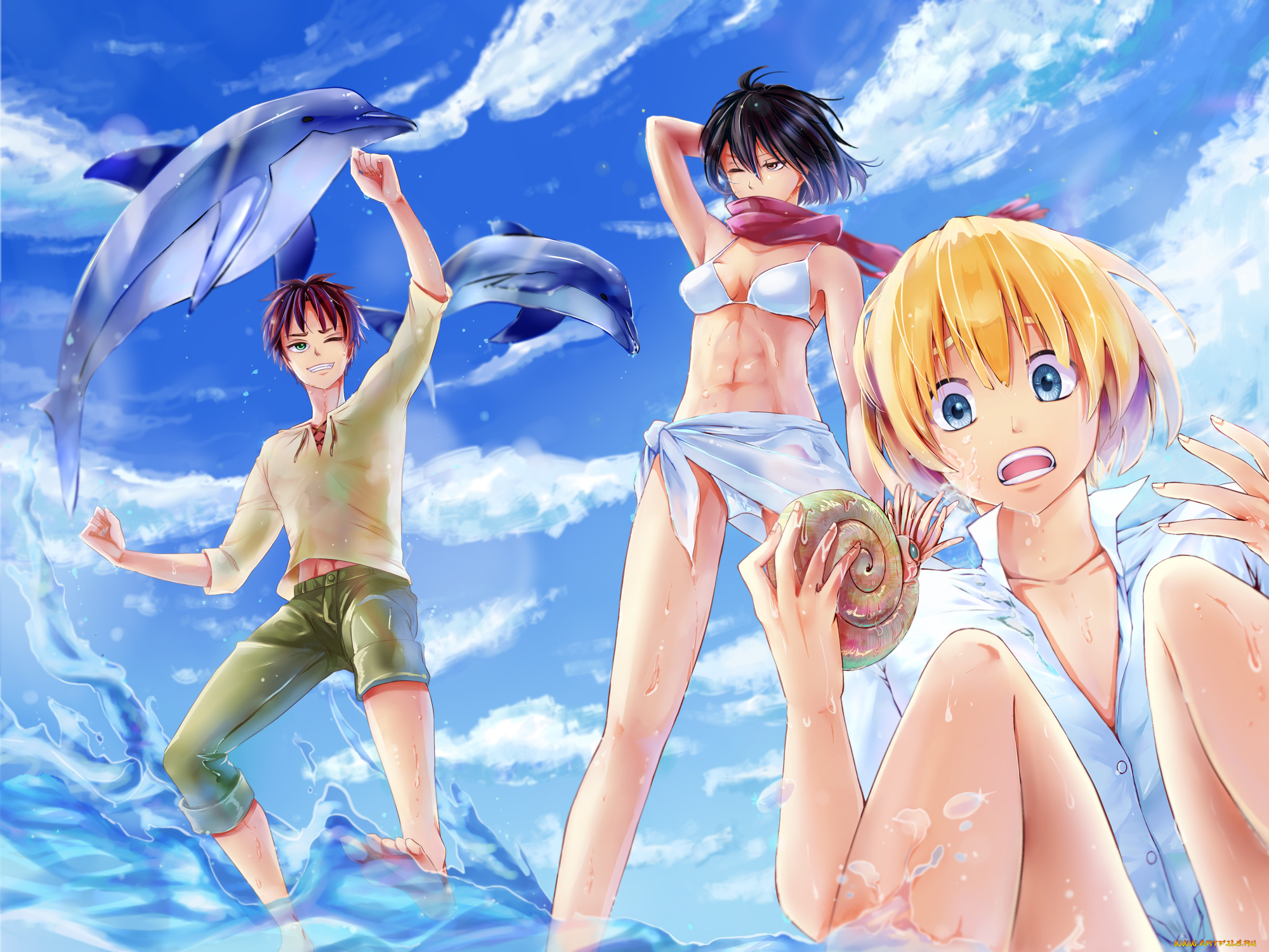 аниме, shingeki, no, kyojin, art, девушка, mikasa, ackerman, парни, eren, jaeger, armin, arlert, радость, удивление, бикини, море, дельфины