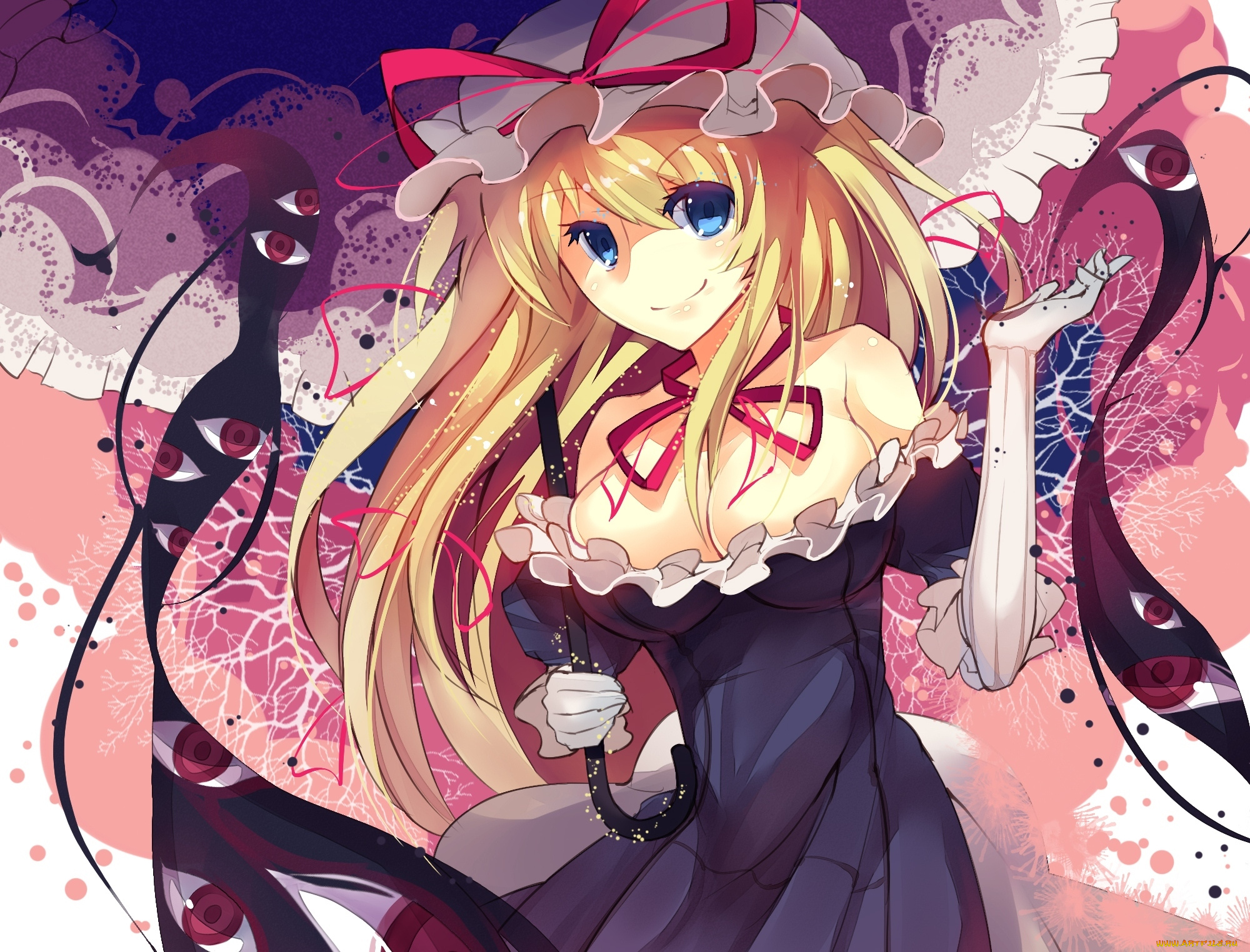 аниме, touhou, грудь, бант, чепчик, глаза, rain, lan, арт, зонт, девушка, yakumo, yukari