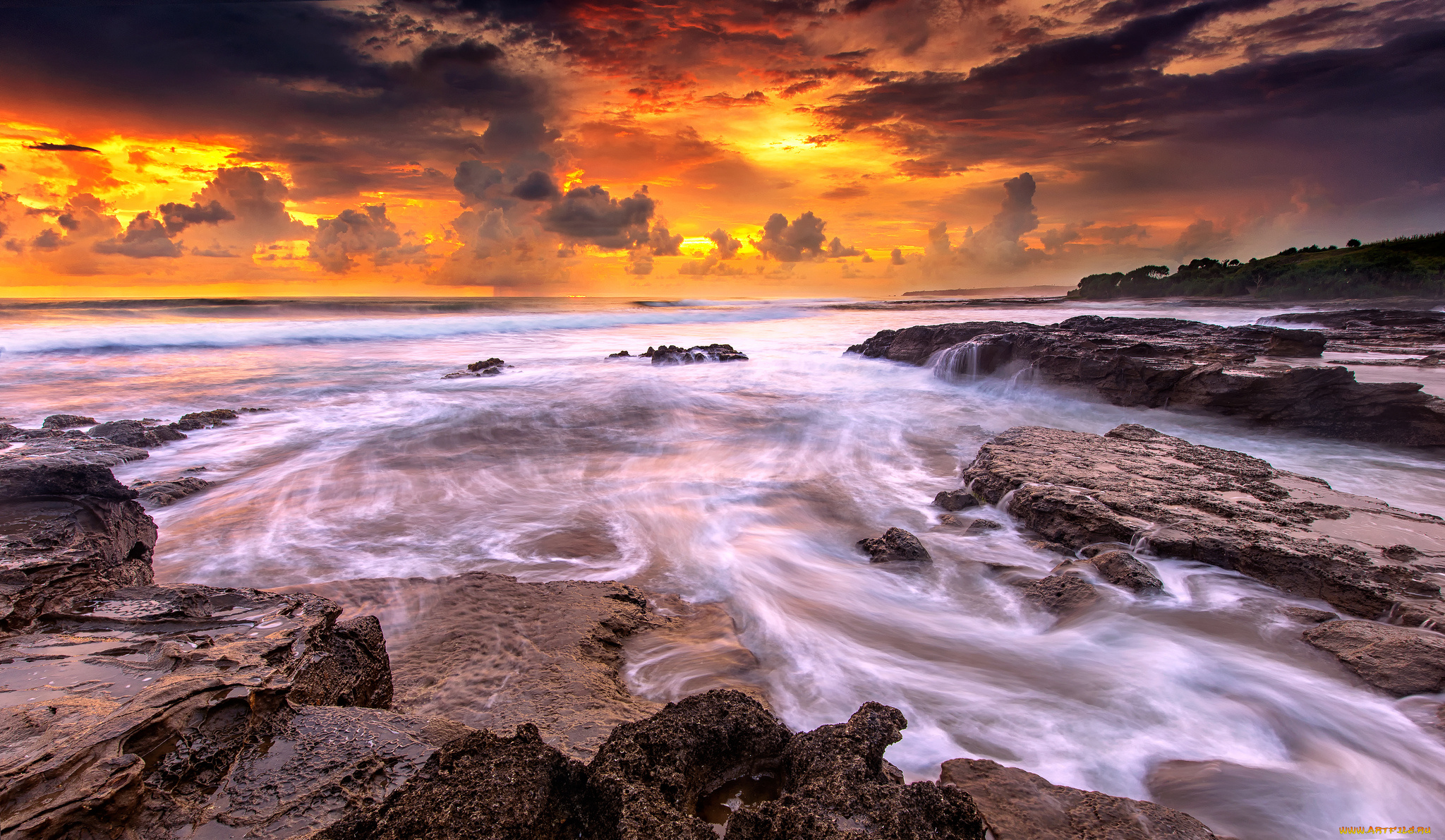 природа, побережье, скалы, горизонт, тучи, океан, волны