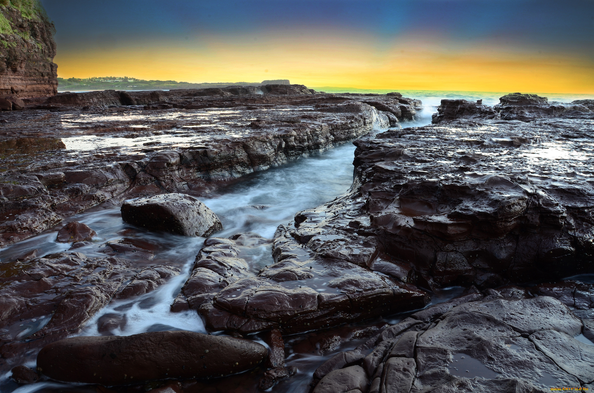 природа, побережье, заря, горизонт, скалы, океан