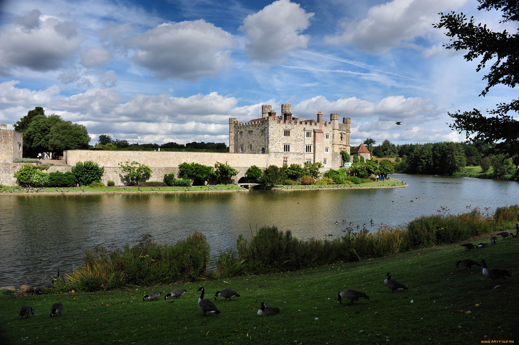 leeds, castle, города, -, дворцы, , замки, , крепости, замок, излучина, река, лес, птицы, облака