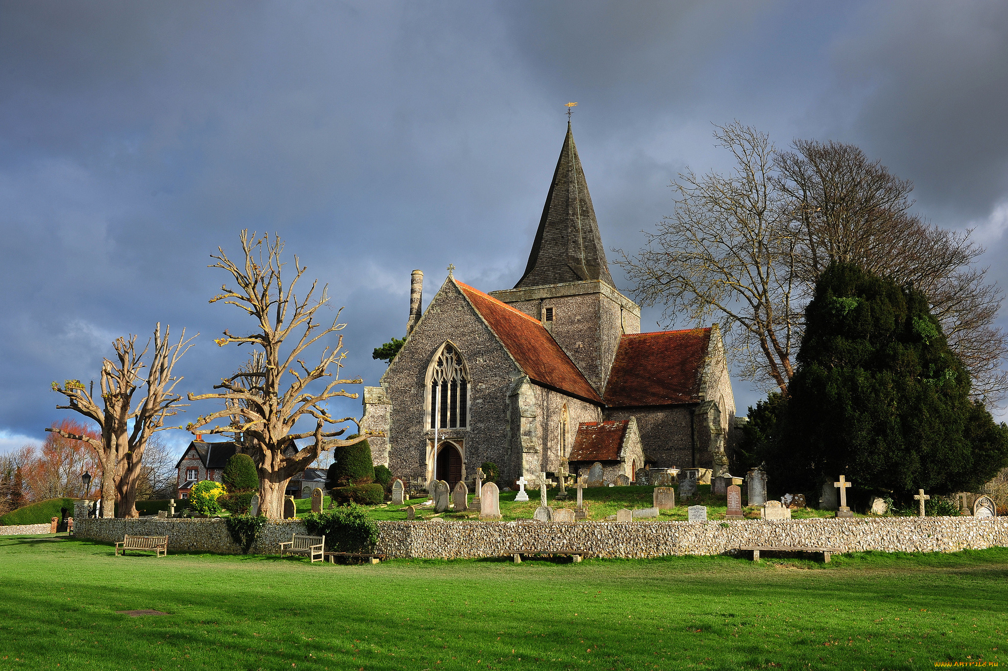 st, andrews, church, , alfriston, города, -, католические, соборы, , костелы, , аббатства, газон, ограда, надгробия, лужайка, храм