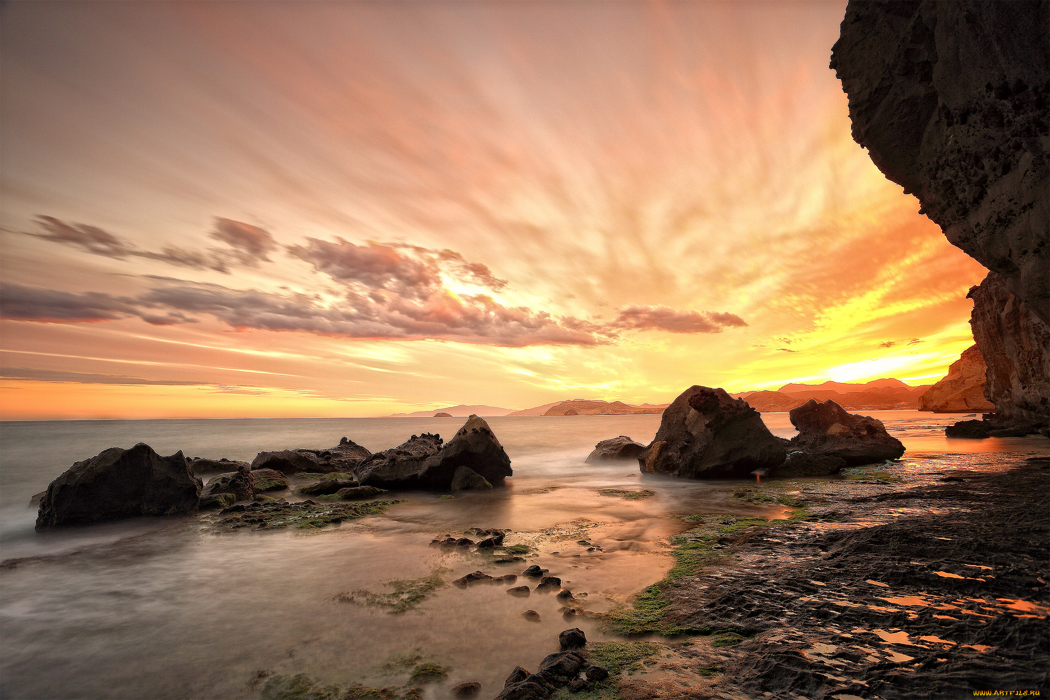 природа, восходы, закаты, океан, горизонт, скалы, тучи, заря