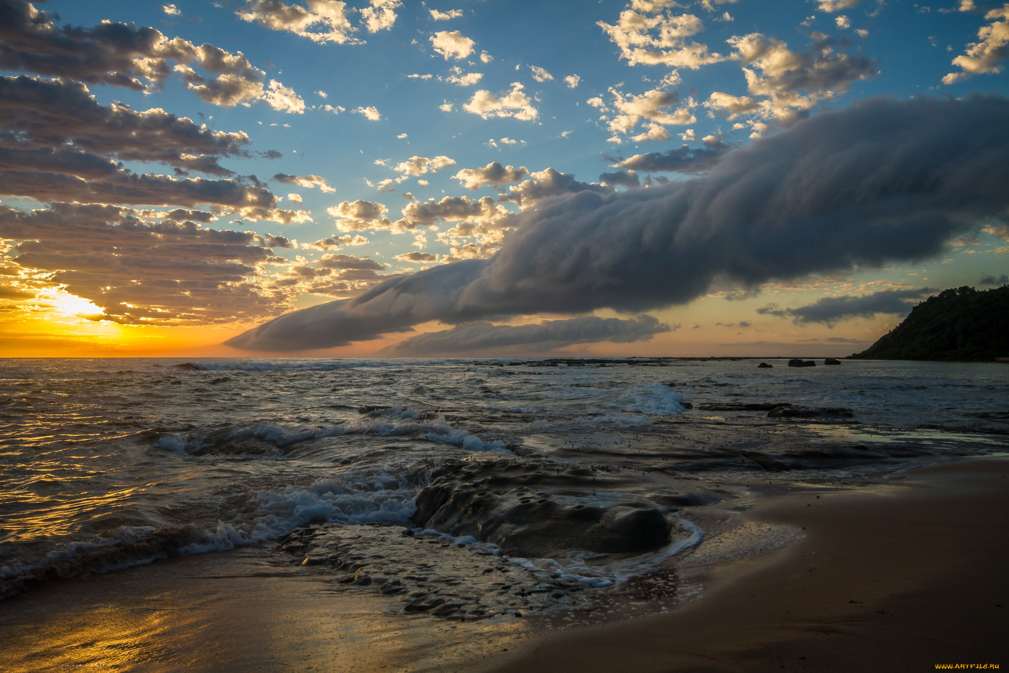 природа, восходы, закаты, океан, заря, горизонт, облака, пляж