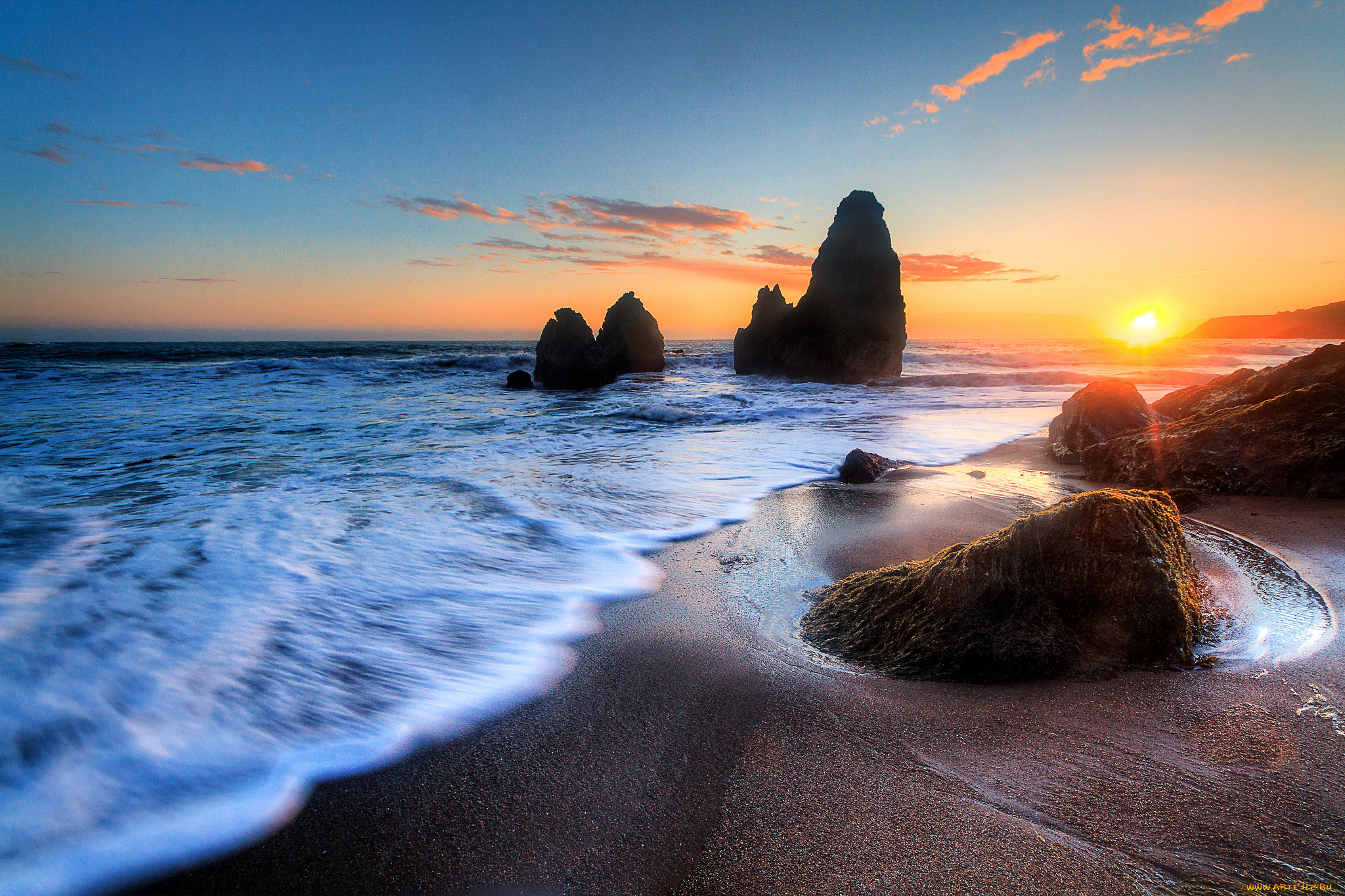 природа, восходы, закаты, пена, горизонт, пляж, волны, заря, океан