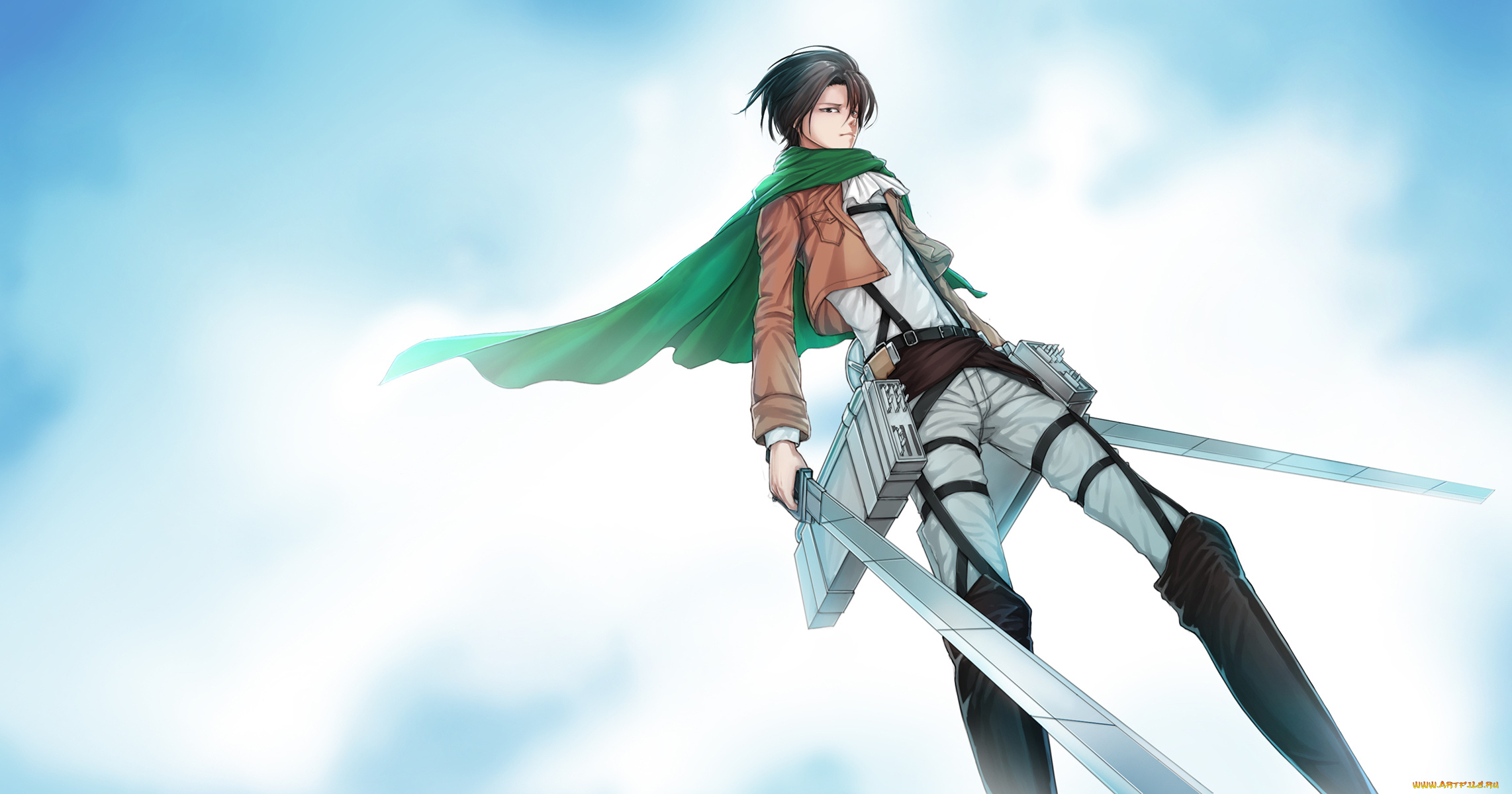 аниме, shingeki, no, kyojin, оружие, клинки, плащ, фон, взгляд, rivaille, парень