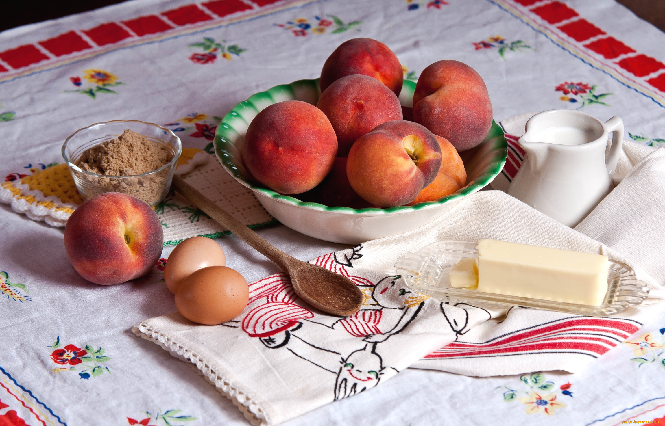 еда, разное, яйца, масло, молоко, персики