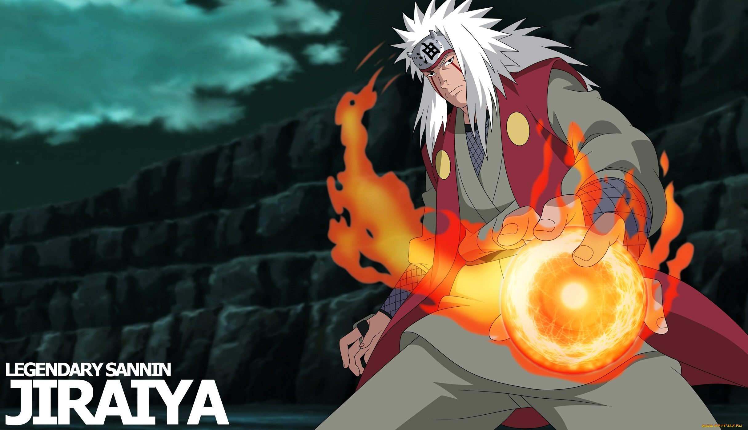 аниме, naruto, наруто, джирайя, сенсей, пламя, разенган, извращенный, отшельник, скала, небо, облака, ночь