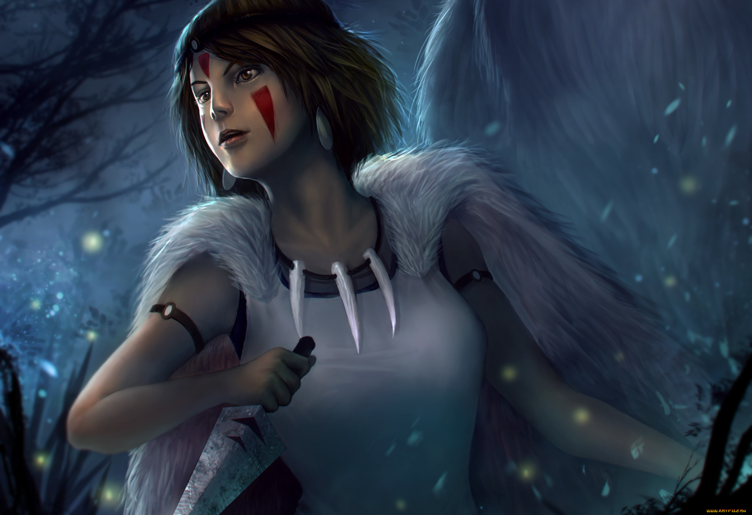 аниме, mononoke, девушка, нож, раскраска, накидка, мех, ночь