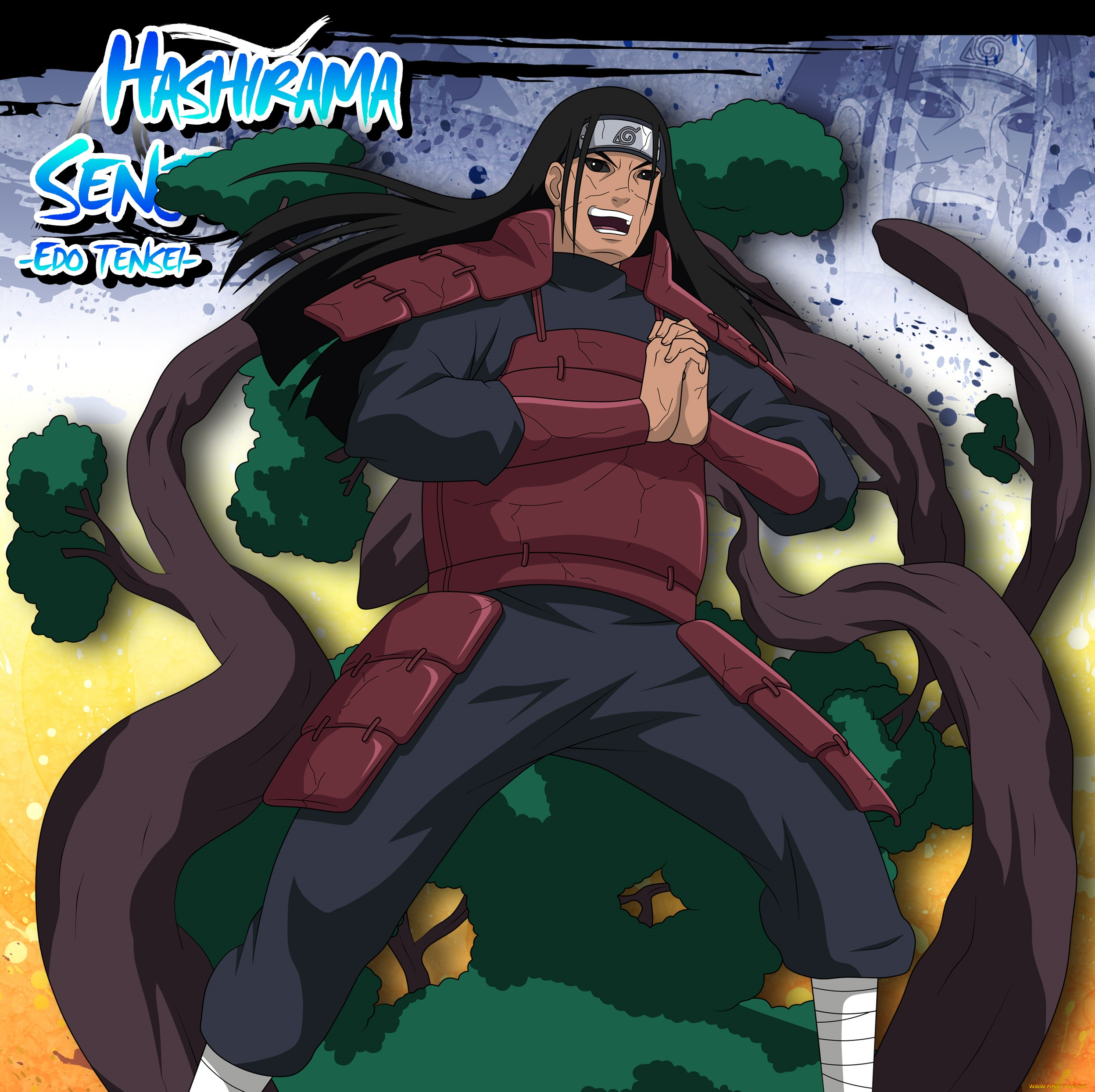 аниме, naruto, эдо-тенсей, печать, ветви, дерево, воскрешение, сенджу, хаширама, первый, хокаге, наруто, нечистивое, шатен, мужчина, улыбка