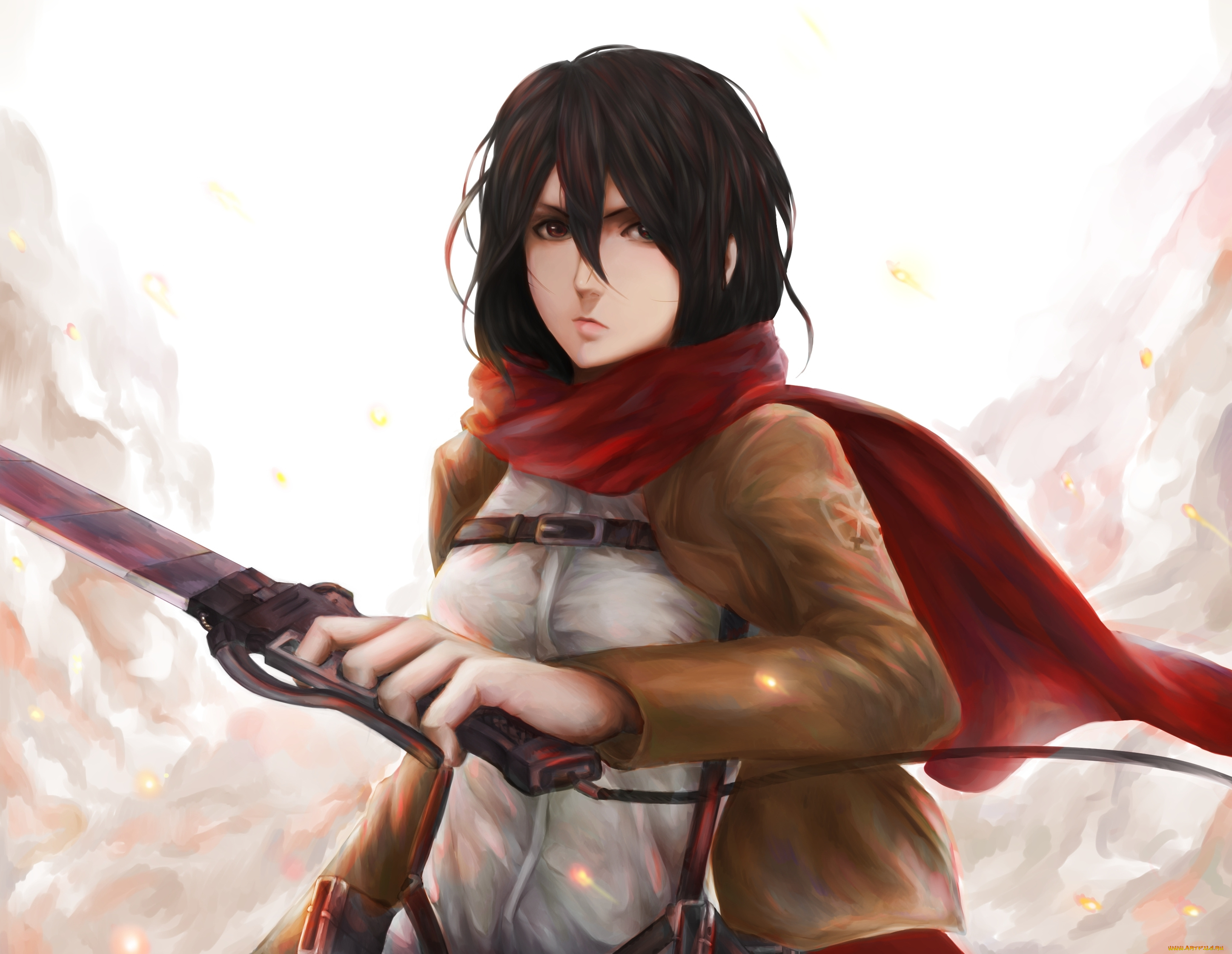 аниме, shingeki, no, kyojin, оружие, солдат, шарф, жест, недовольство, взгляд, mikasa, ackerman, девушка, art