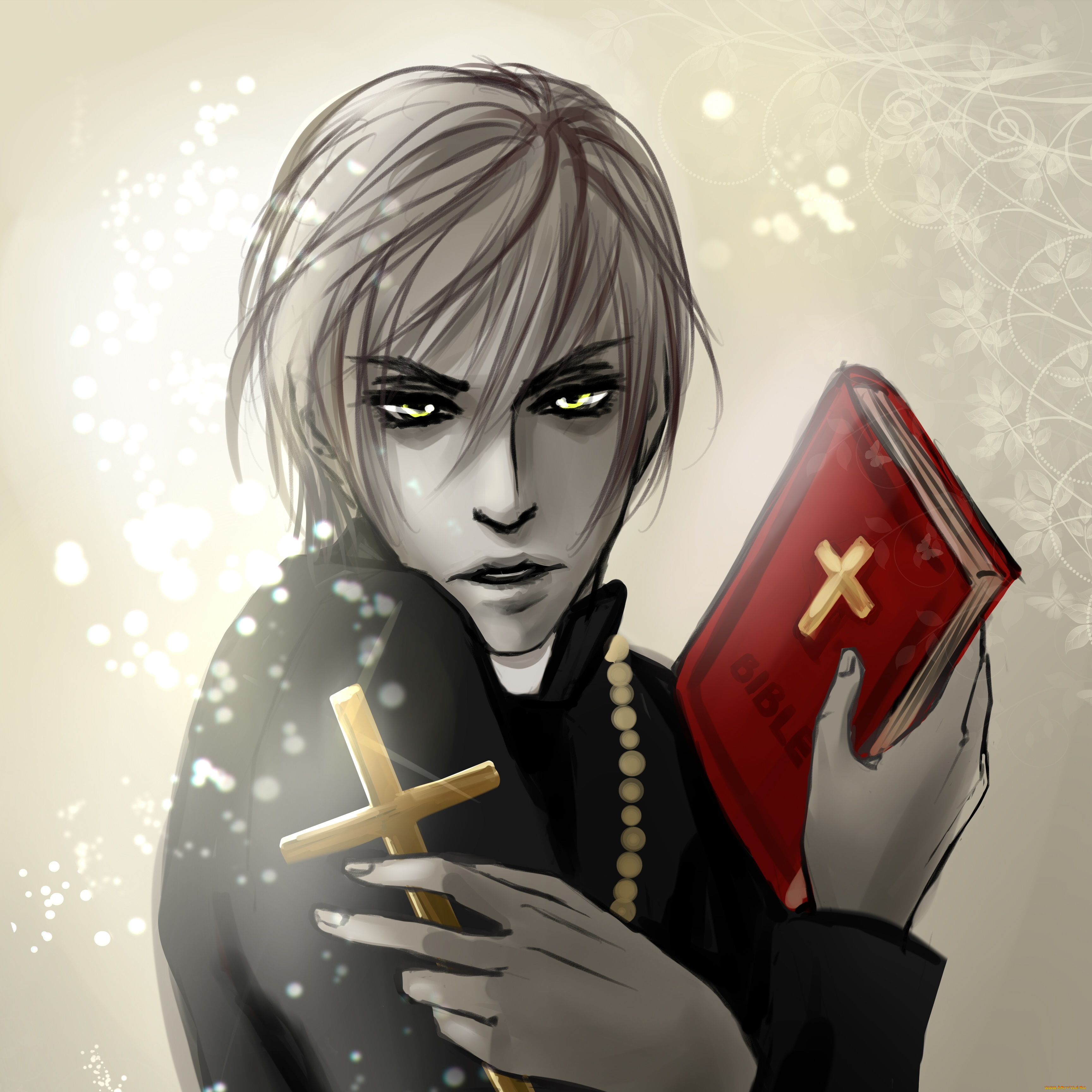 аниме, *unknown, , другое, библия, сияние, бусы, взгляд, крест, книга, парень