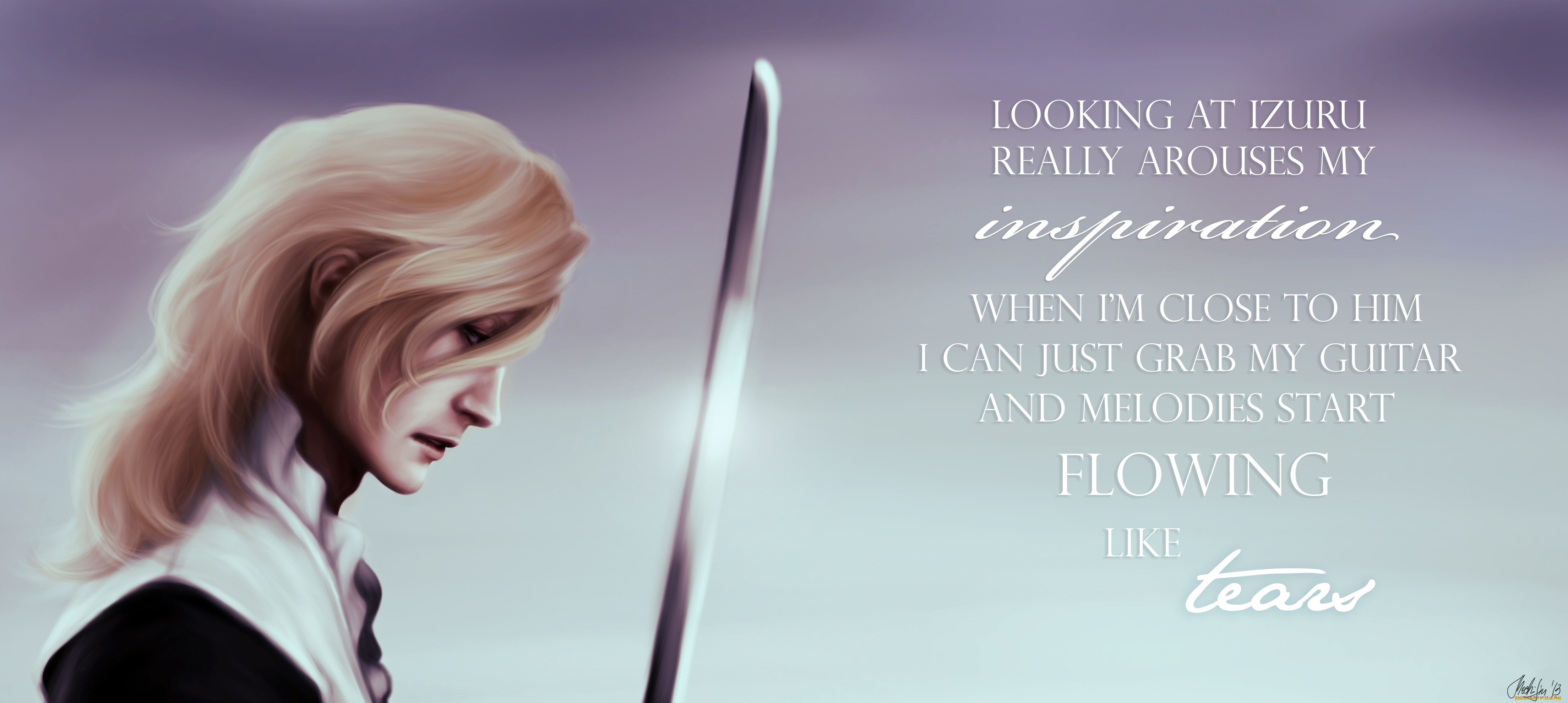 аниме, bleach, блондин, парень, арт, блич, надписи, меч, занпакто