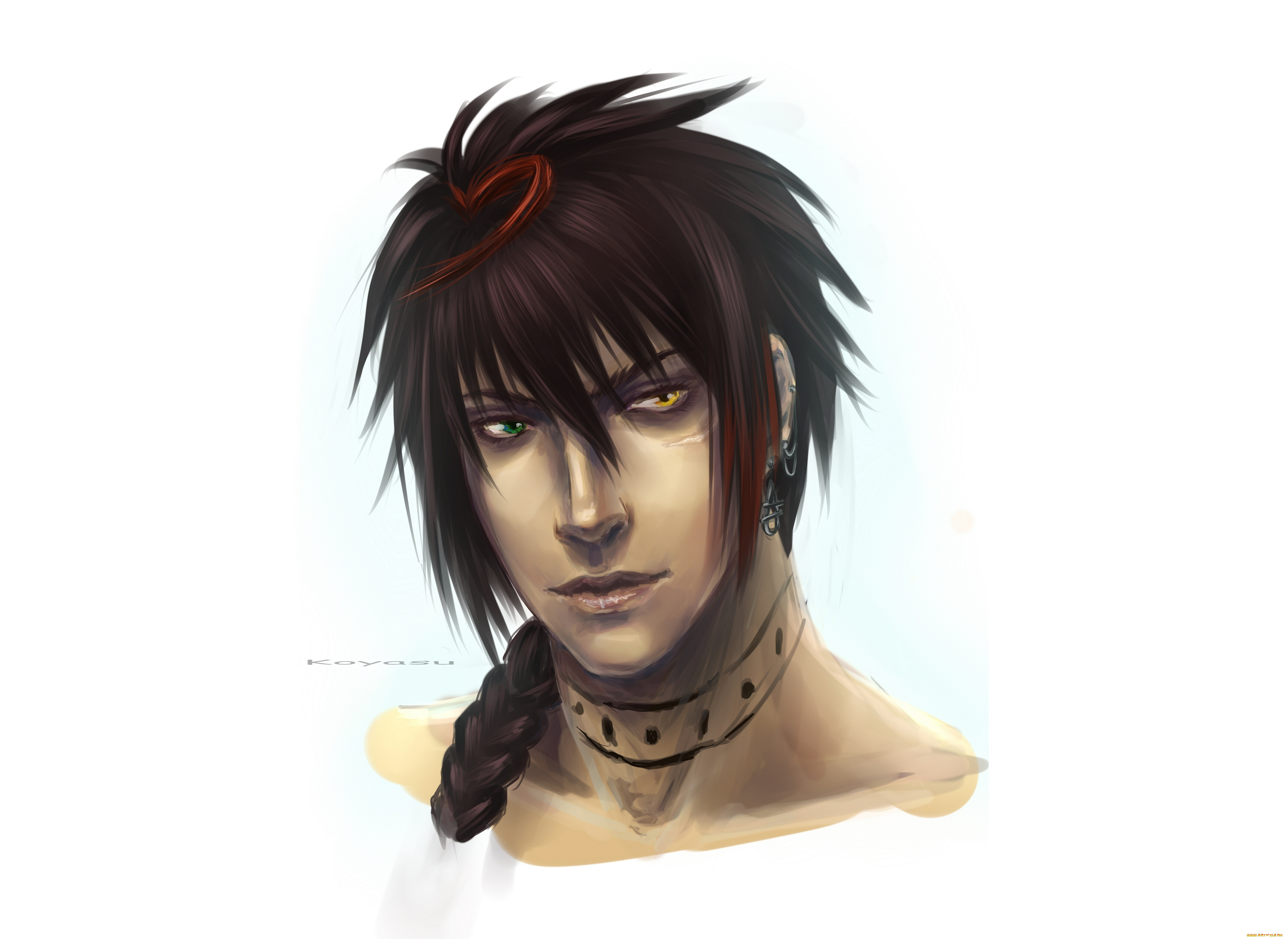 аниме, *unknown, , другое, портрет, лицо, тату, коса, глаза, разные, шатен, парень