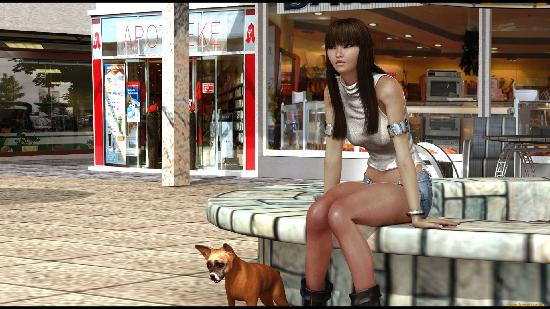 3д, графика, люди, , people, взгляд, девушка, собака, фон