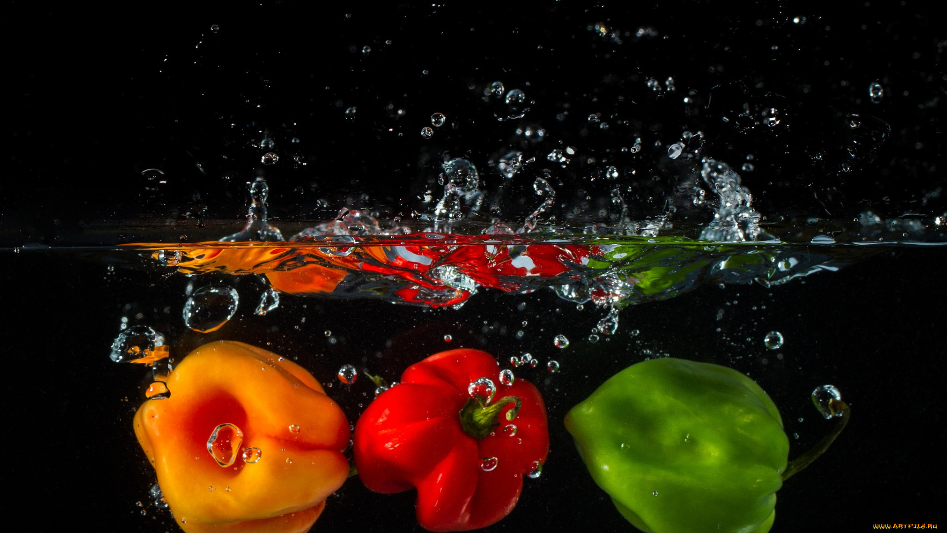 еда, перец, брызги, вода, чёрный, фон