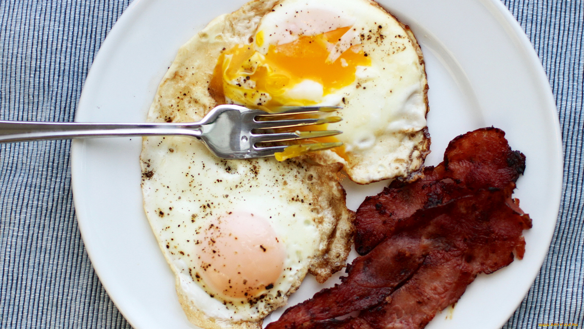 еда, Яичные, блюда, вилка, ветчина, тарелка, яичница