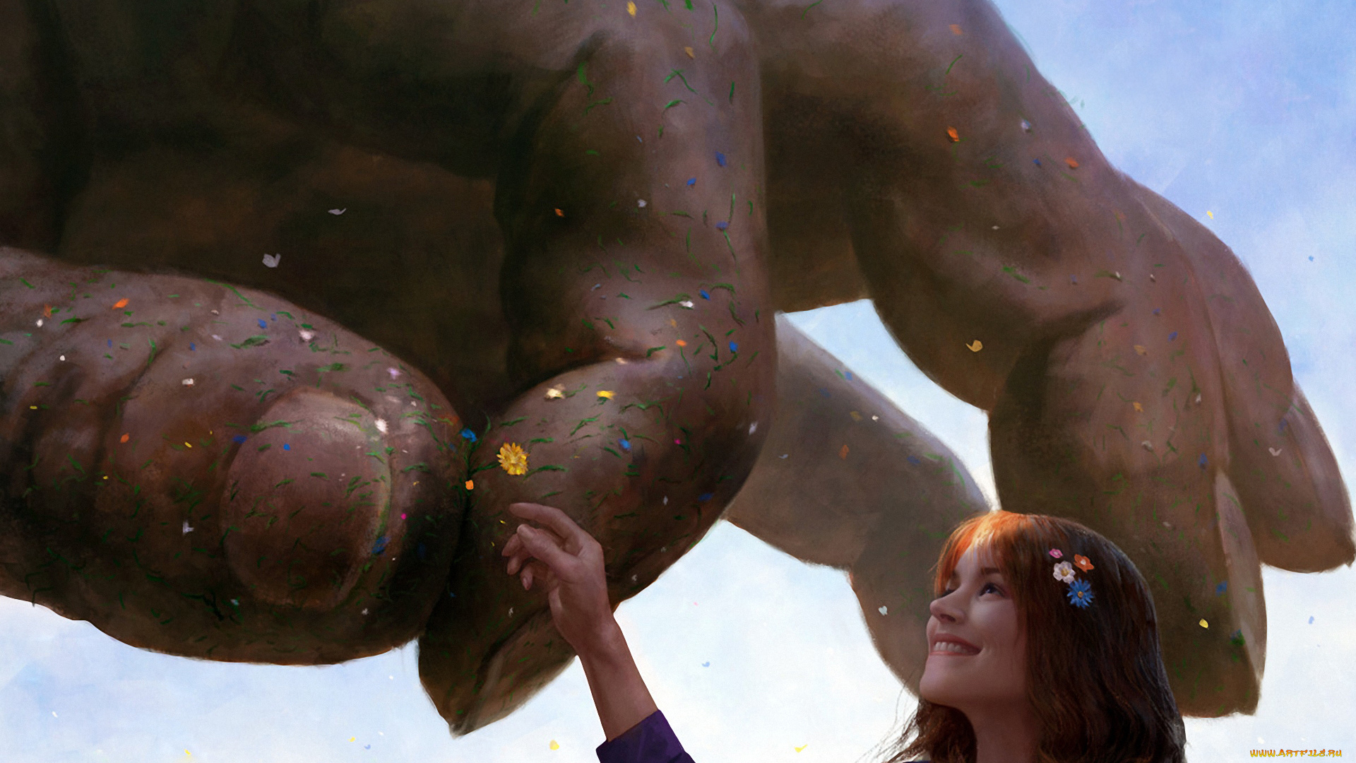 фэнтези, девушки, лепестки, цветок, девушка, арт, рука, радость