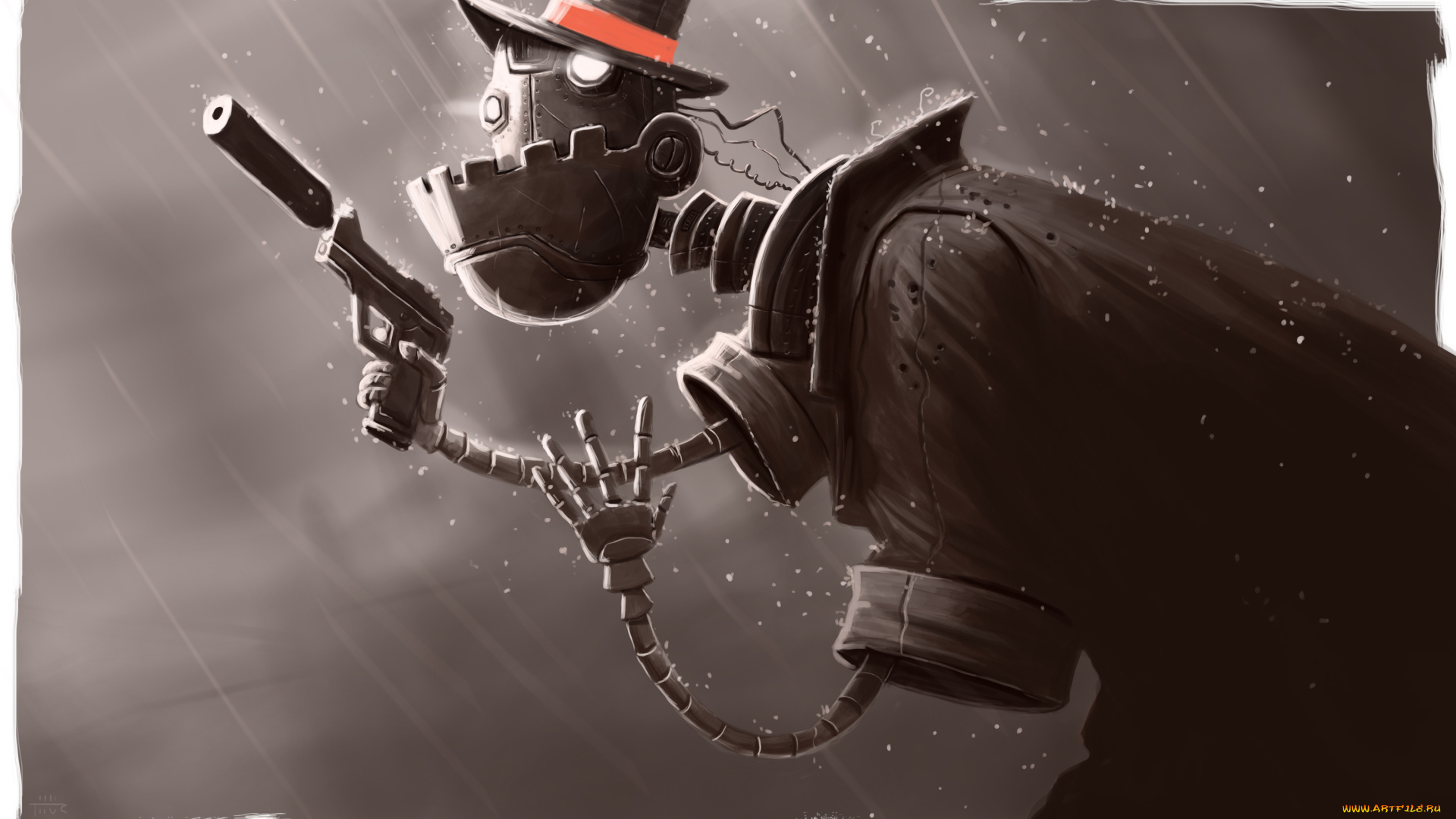 фэнтези, роботы, , киборги, , механизмы, дождь, оружие, шляпа, убийца, робот, арт