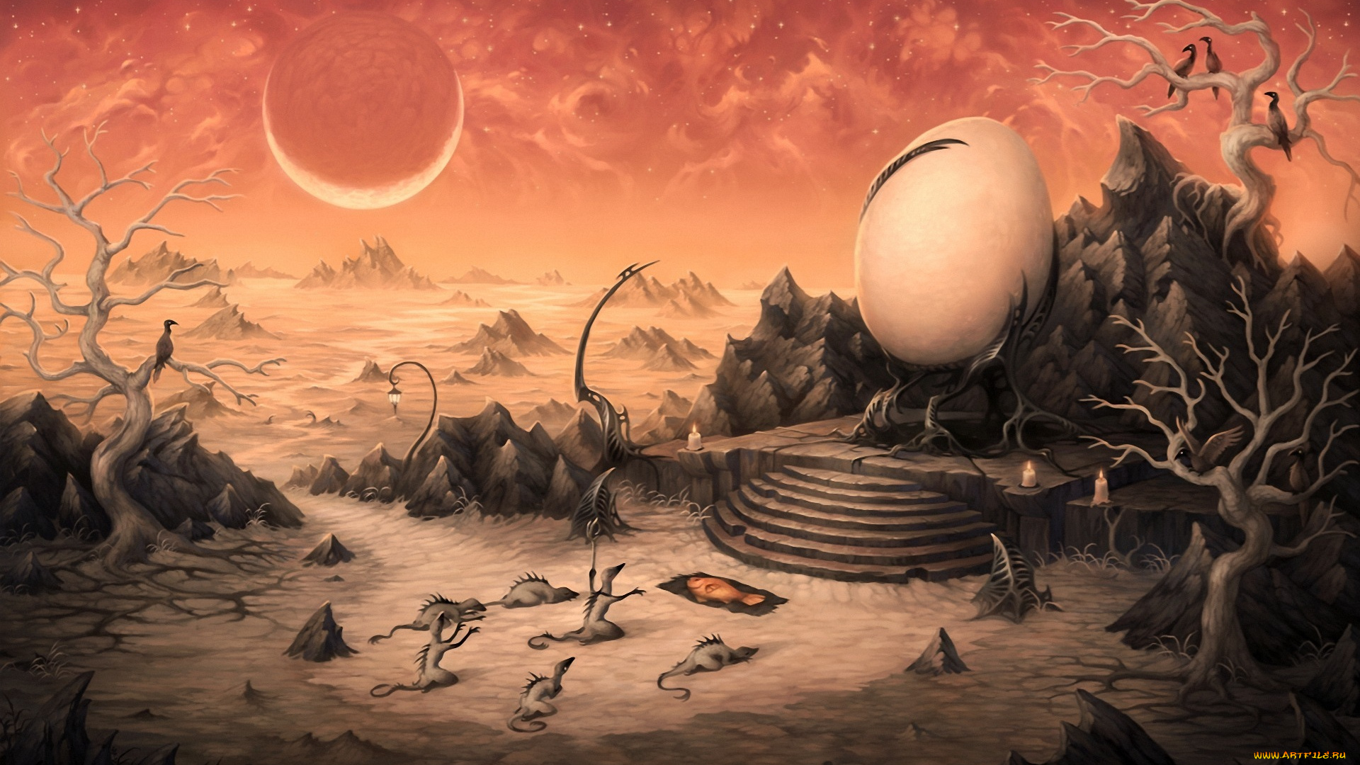 фэнтези, существа, деревья, яйцо, трон, арт, свечи, планеты, поклонение, птицы