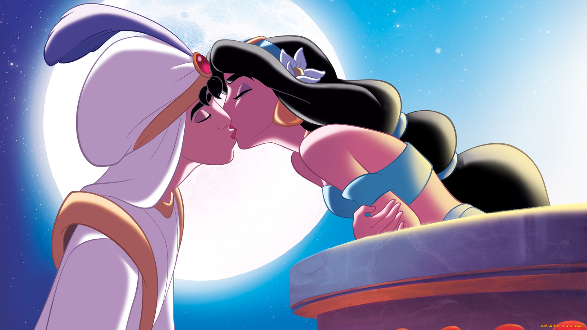 мультфильмы, aladdin, фон, поцелуй, балкон, девушка