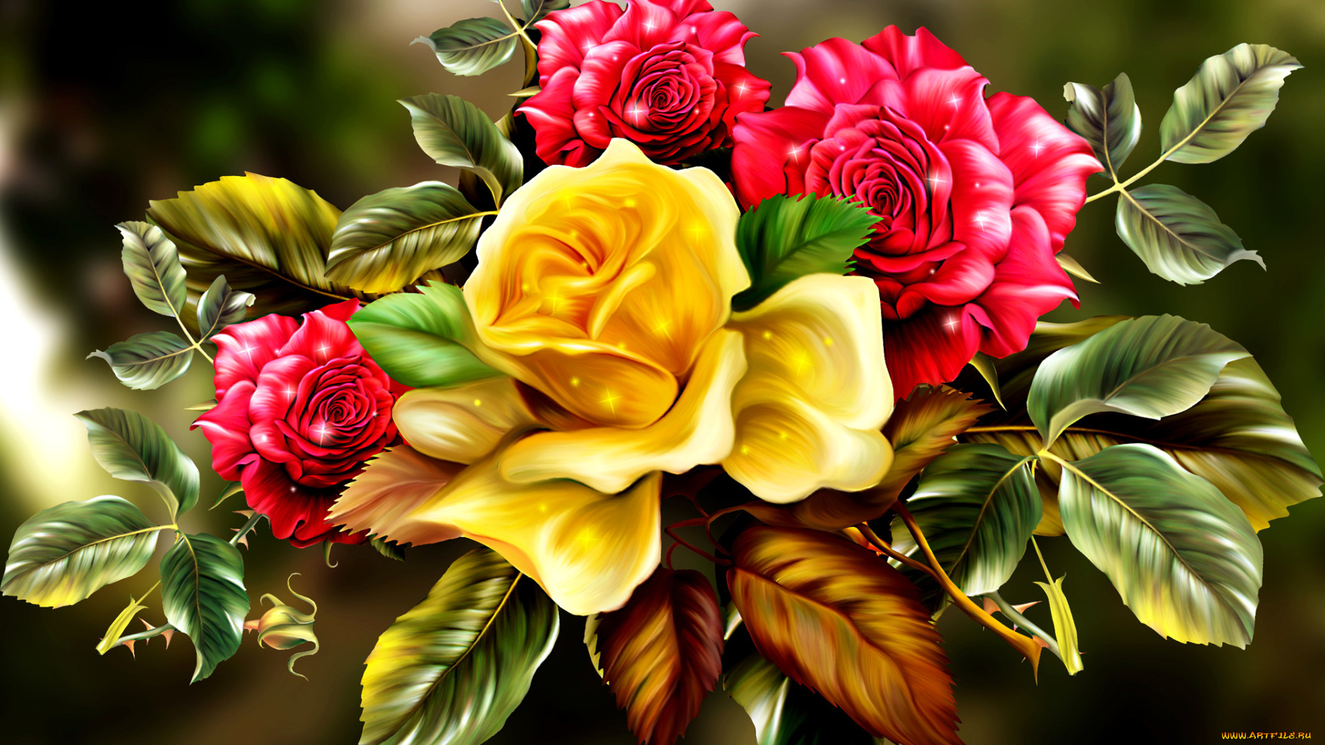 рисованное, цветы, листья, букет, розы