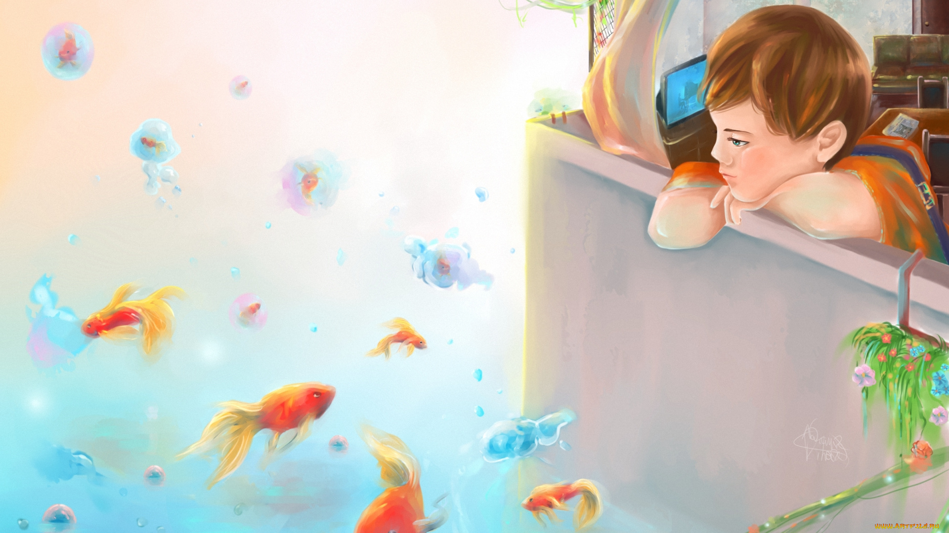 рисованное, люди, балкон