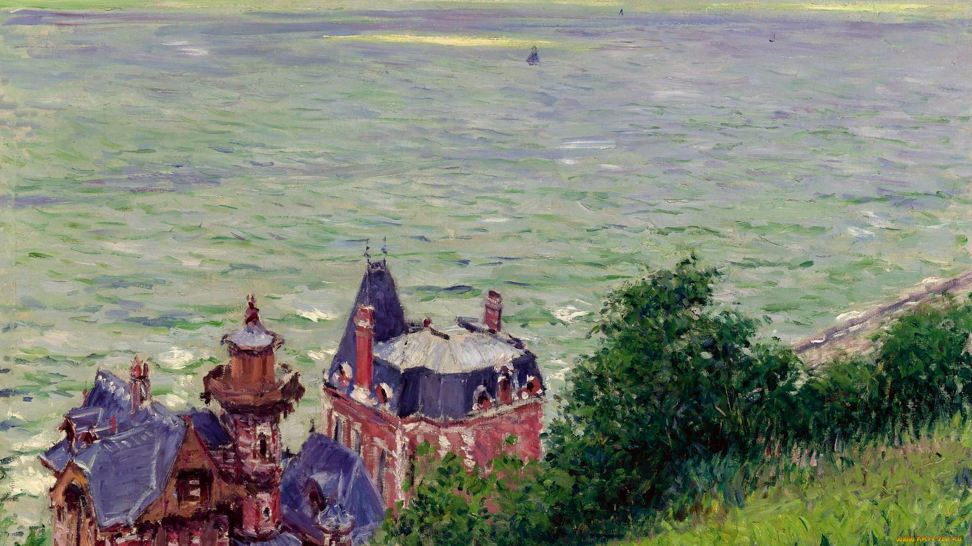рисованное, живопись, виллы, в, турвиле, gustave, caillebotte, дома, небо, море, пейзаж