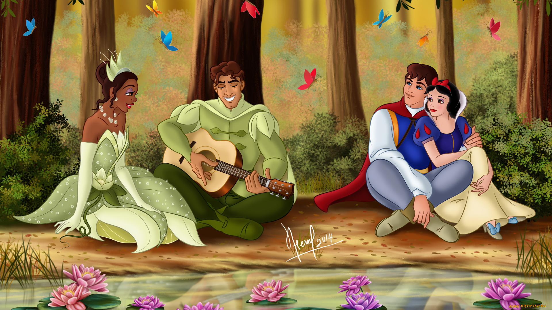 векторная, графика, мультфильмы, , cartoons, цветы, лес, бабочки, гитара, река, мальчики, девушки, взгляд, фон