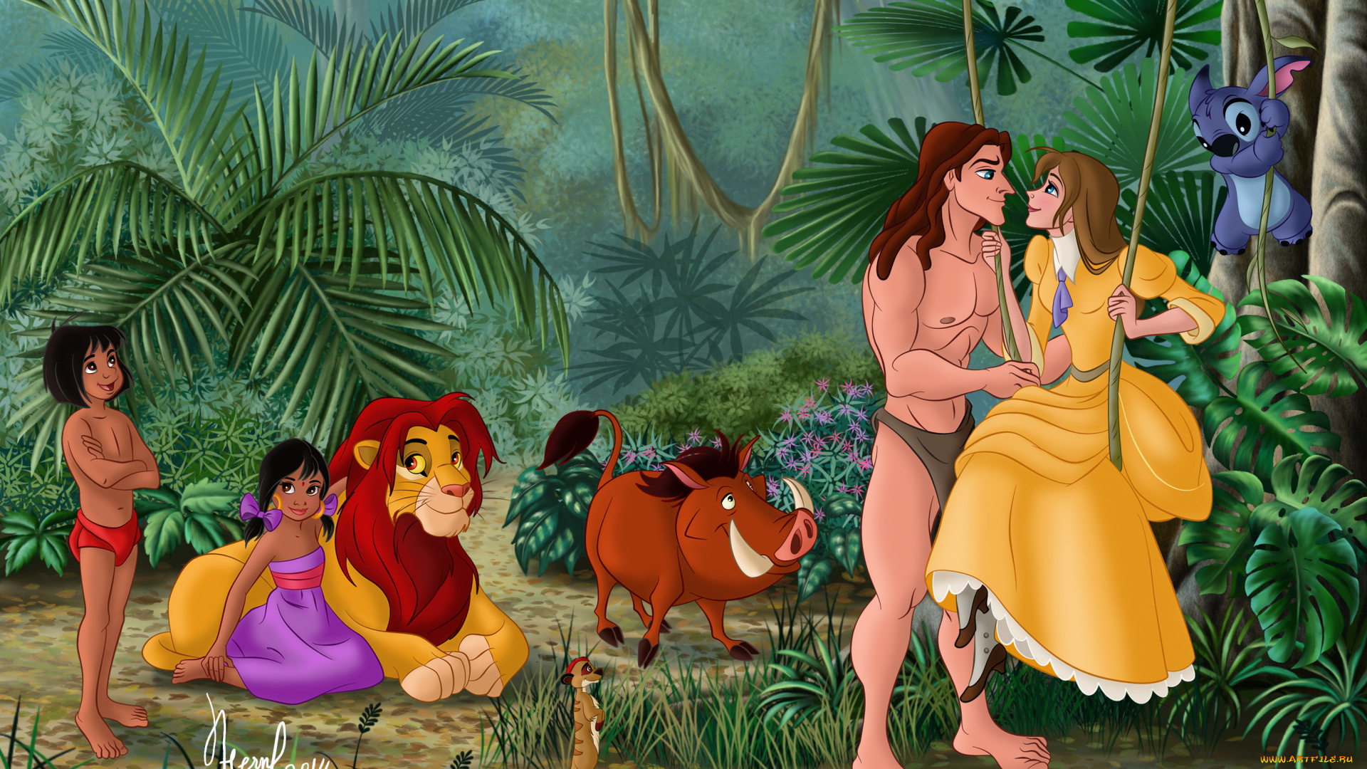 векторная, графика, мультфильмы, , cartoons, дети, лес, звери, маугли, девушка, взгляд, фон