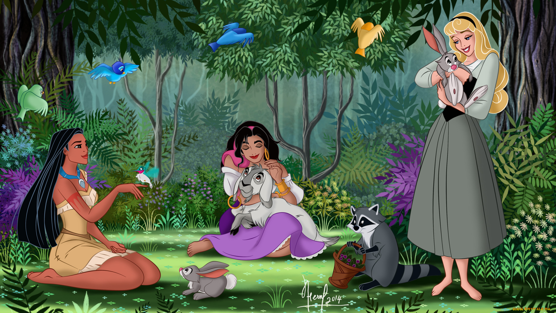 векторная, графика, мультфильмы, , cartoons, лес, фон, взгляд, девушки, поляна, звери, птицы