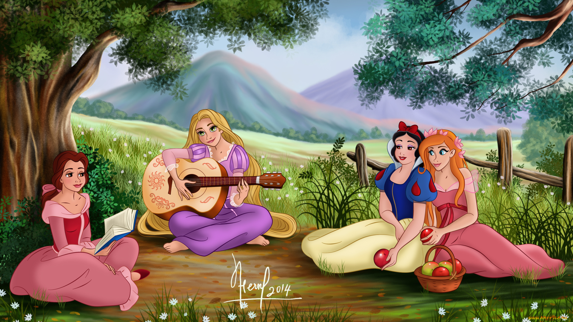 векторная, графика, мультфильмы, , cartoons, луг, горы, гитара, фон, взгляд, девушки, книга, яблока, корзина, цветы, деревья