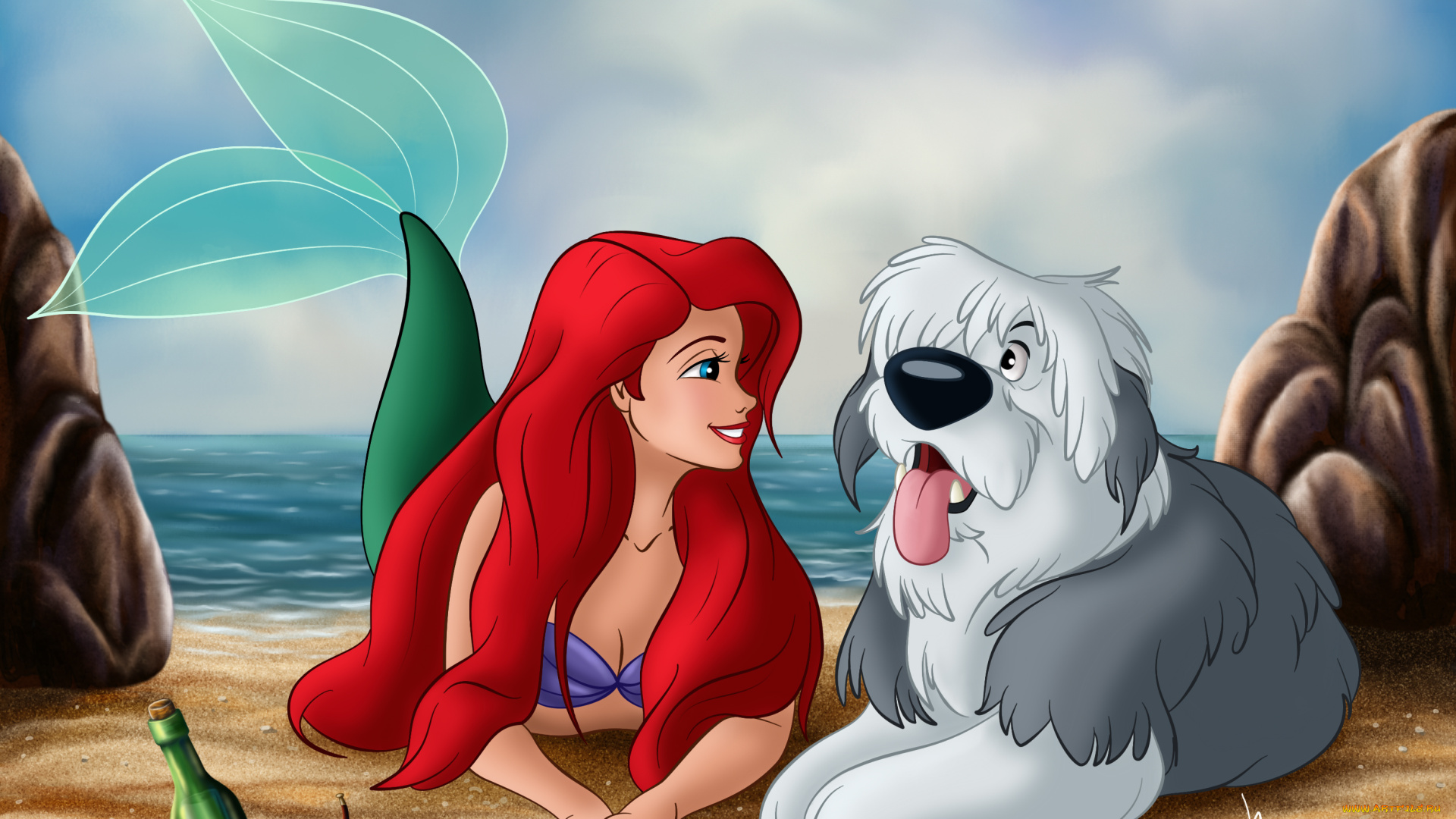 векторная, графика, мультфильмы, , cartoons, русалка, ракушки, песок, собака