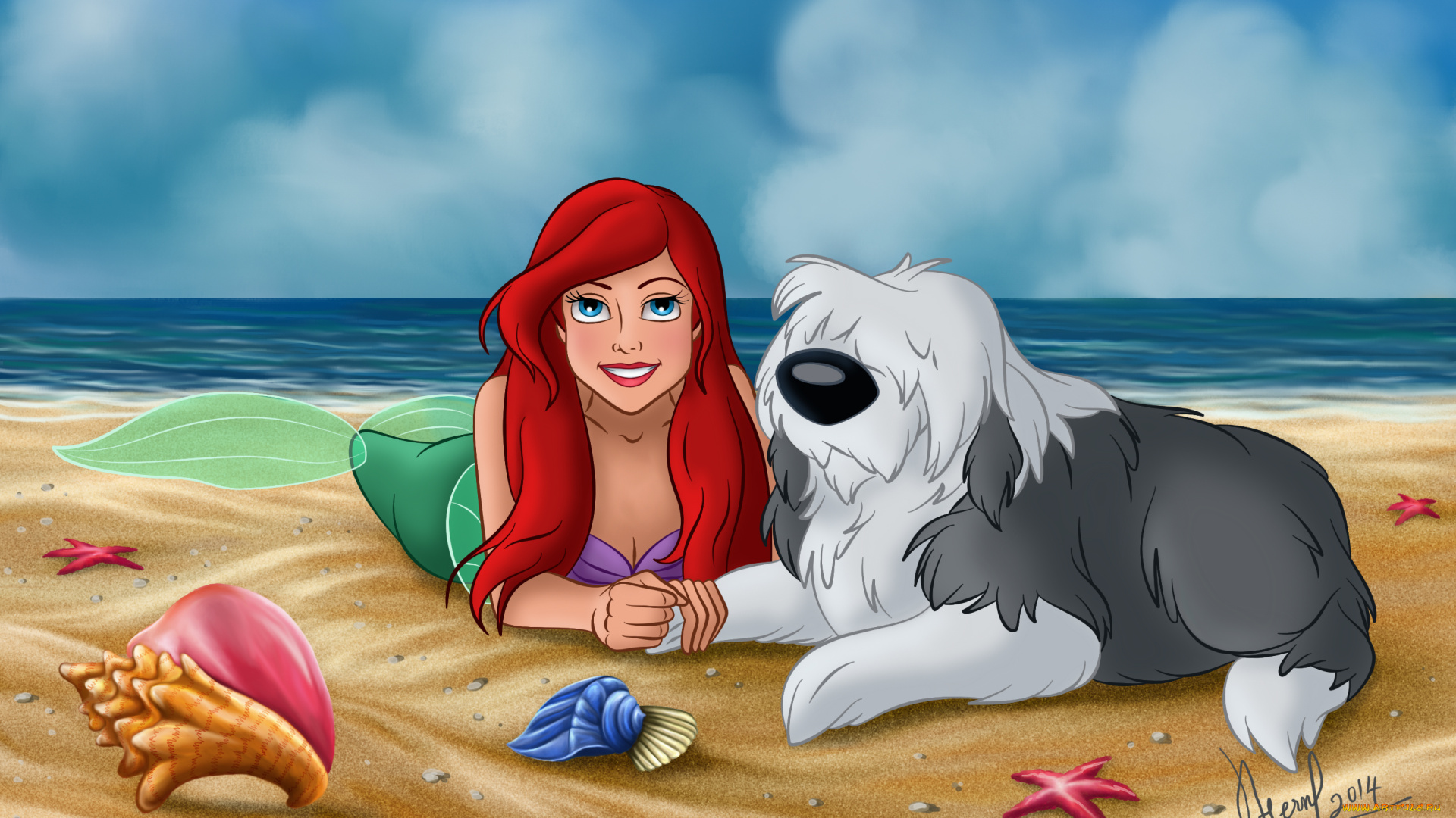 векторная, графика, мультфильмы, , cartoons, ракушки, песок, собака, русалка