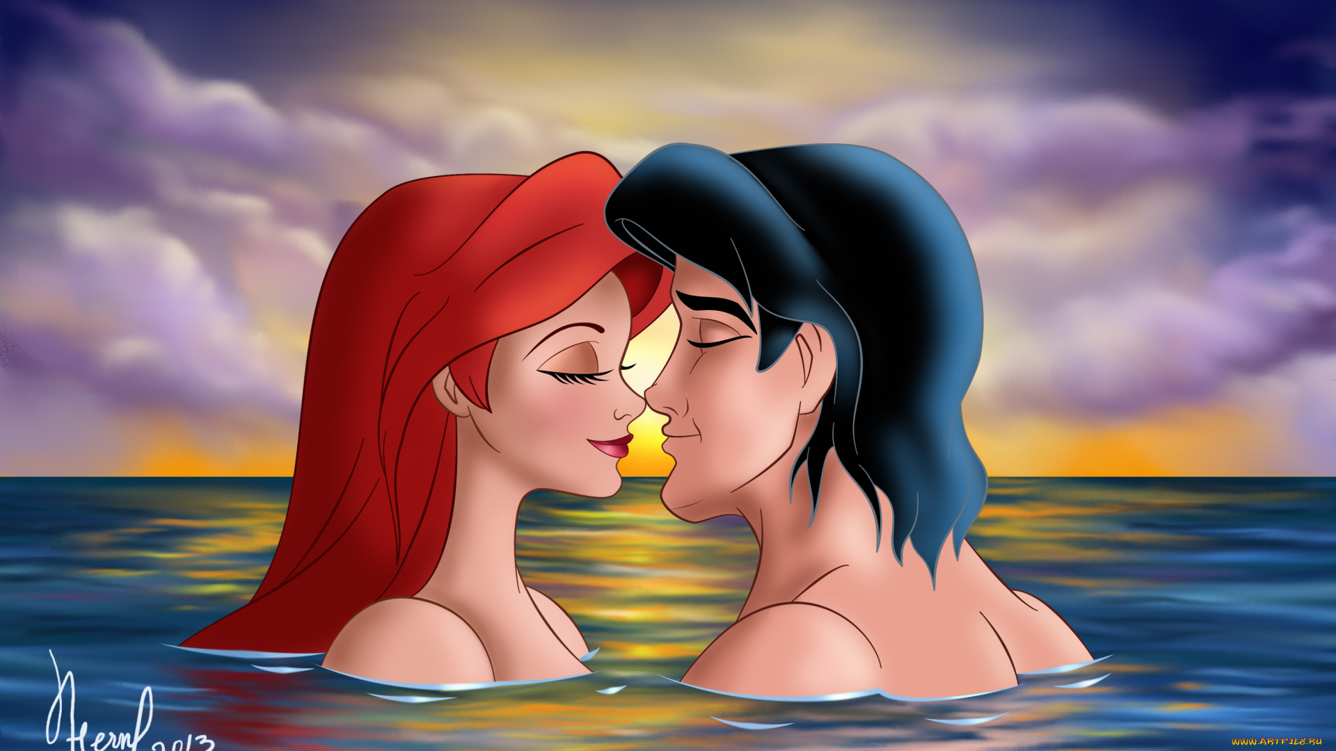 векторная, графика, мультфильмы, , cartoons, русалки, вода, поцелуй, парень, фон, взгляд, девушка