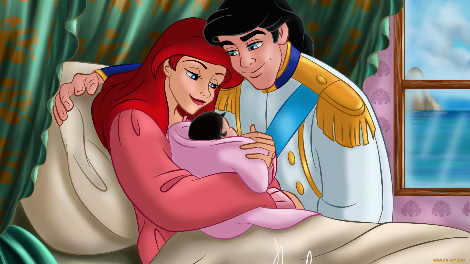 векторная, графика, мультфильмы, , cartoons, радость, ребенок, мужчина, фон, взгляд, девушка, кровать