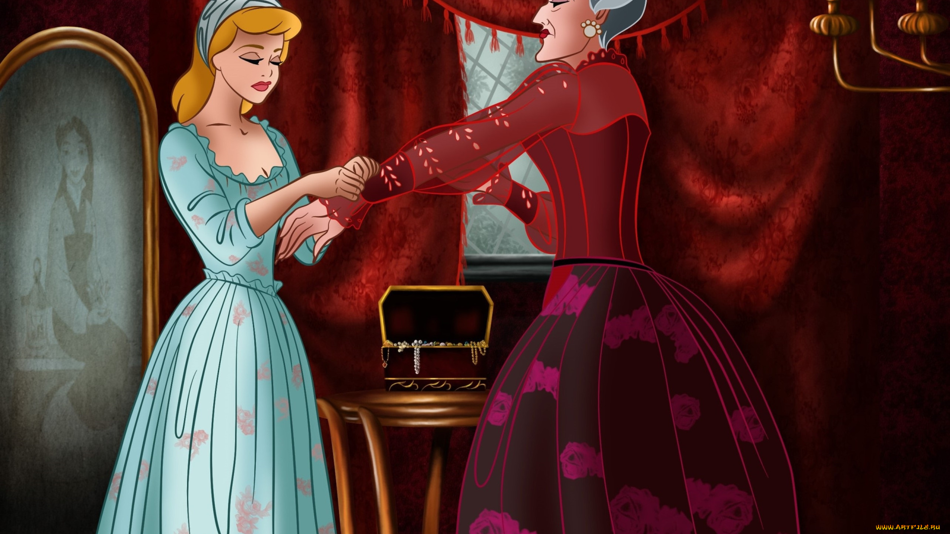 векторная, графика, мультфильмы, , cartoons, стол, свечи, шторы, старушка, золушка