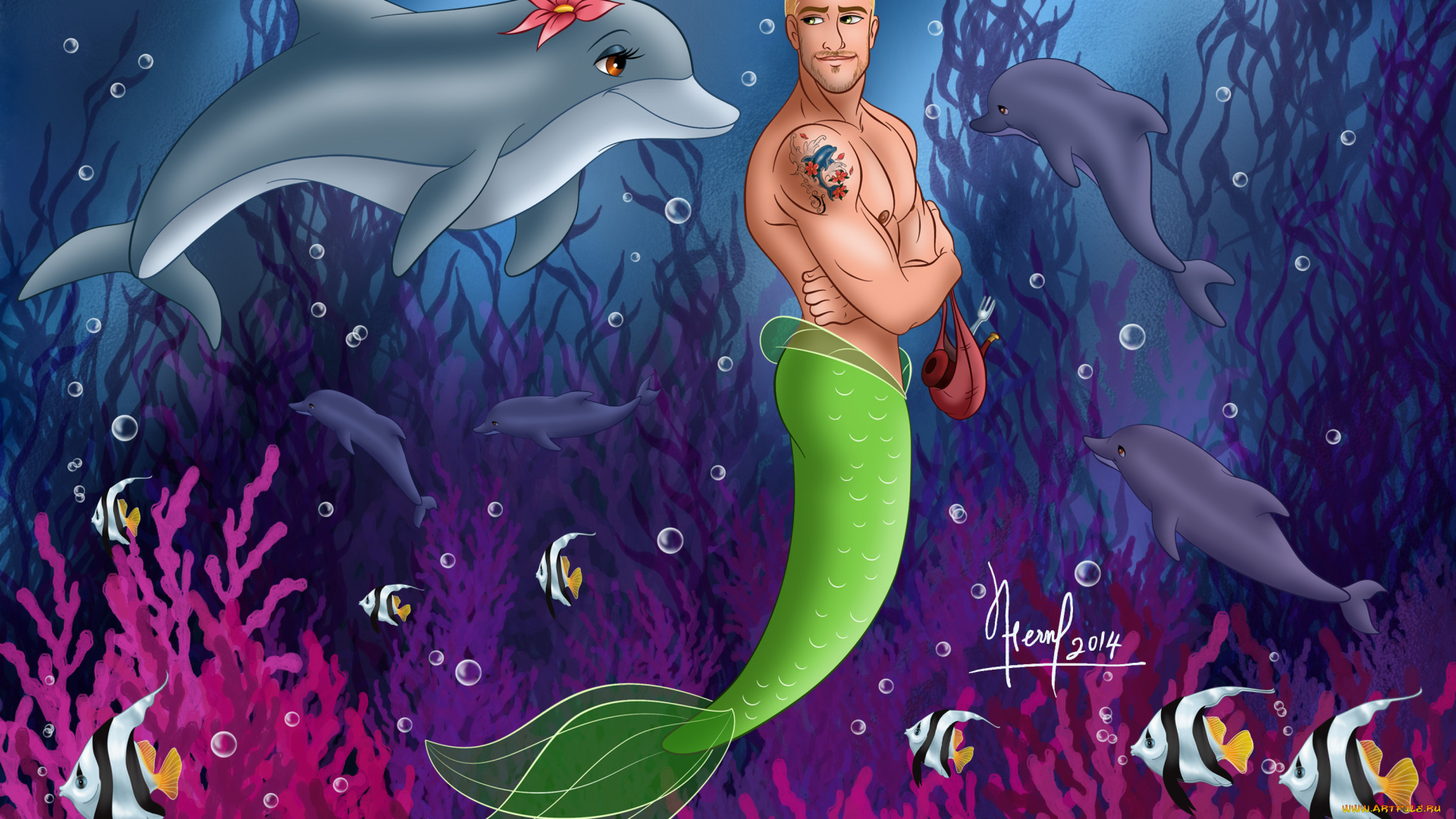 векторная, графика, мультфильмы, , cartoons, водоросли, дельфины, парень, кораллы, рыбы, море, русалка