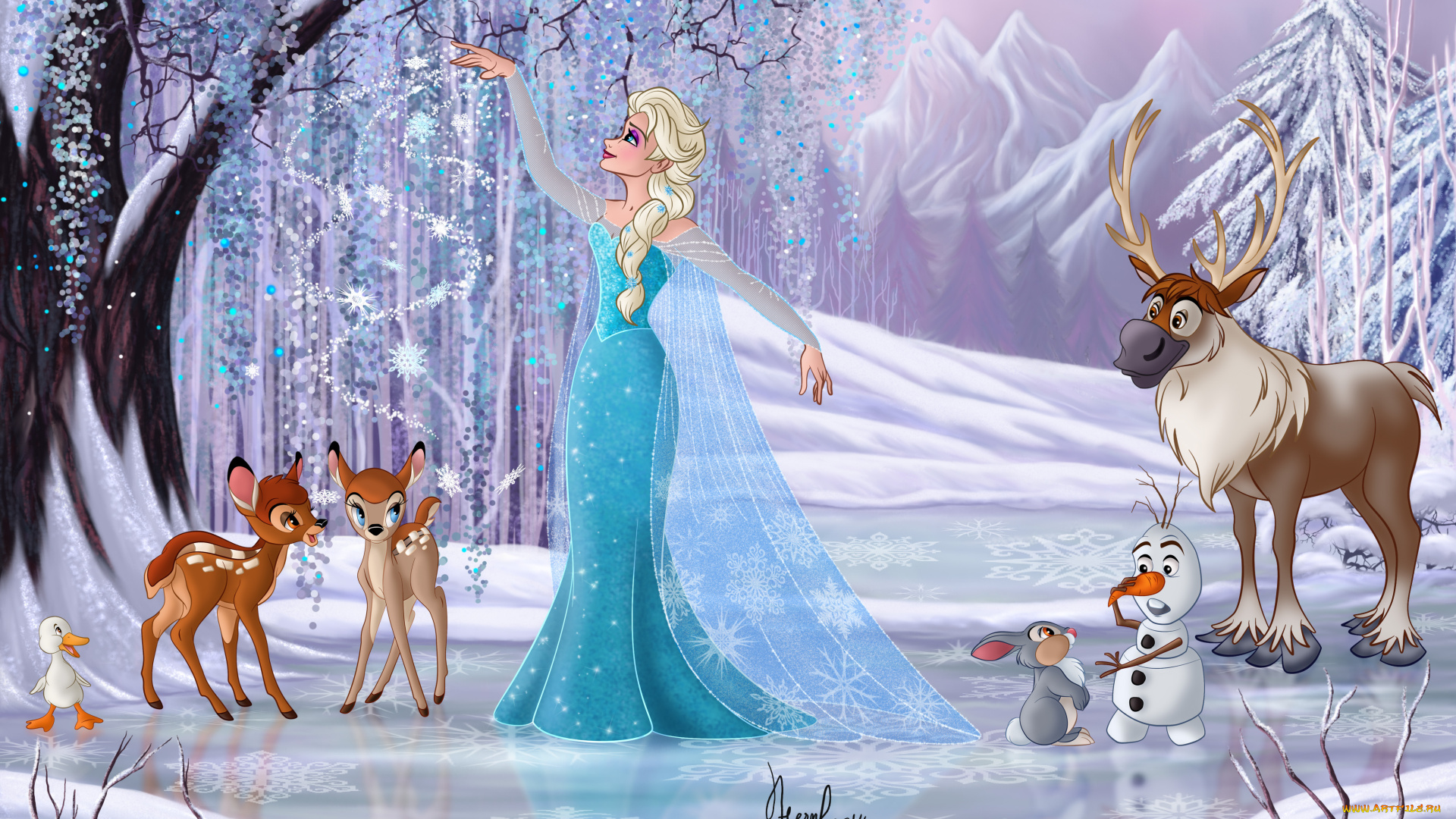 векторная, графика, мультфильмы, , cartoons, заец, снеговик, горы, девушка, взгляд, снег, коса, олени, зима, фон, утка, магия