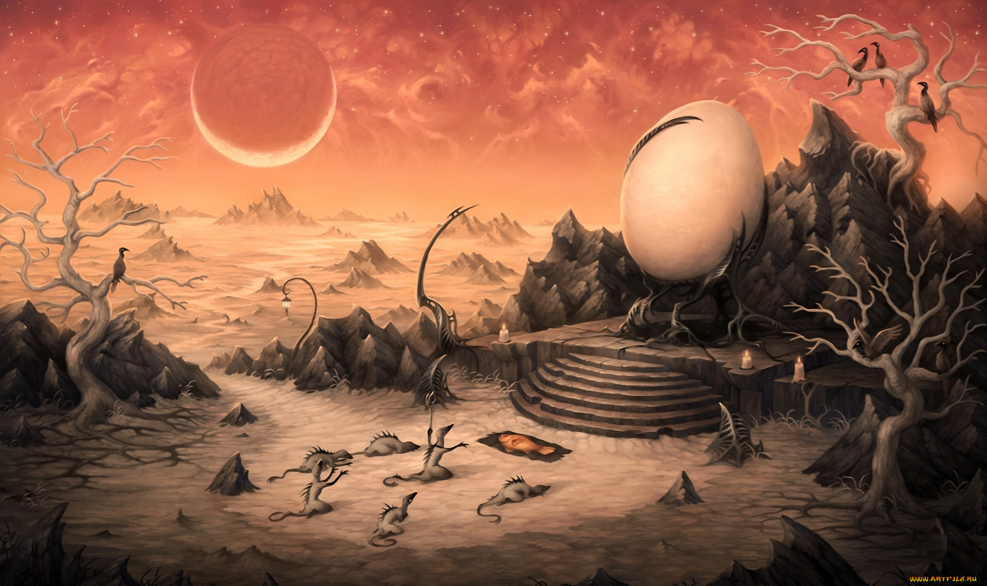фэнтези, существа, деревья, яйцо, трон, арт, свечи, планеты, поклонение, птицы