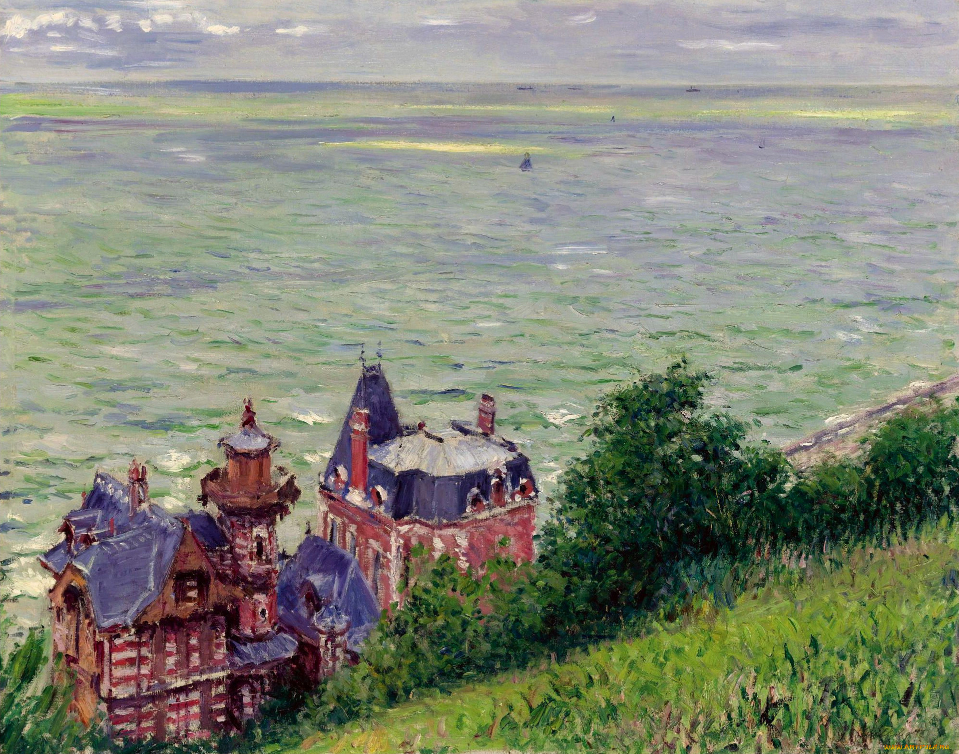 рисованное, живопись, виллы, в, турвиле, gustave, caillebotte, дома, небо, море, пейзаж