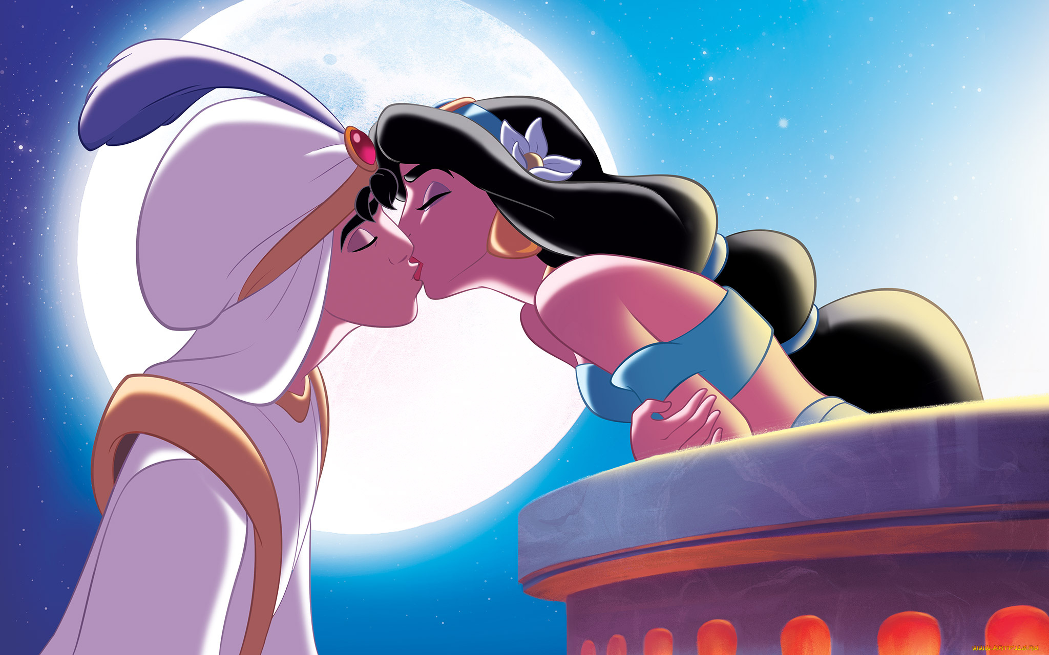 мультфильмы, aladdin, фон, поцелуй, балкон, девушка