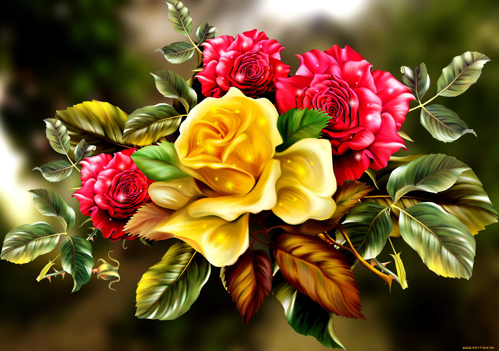 рисованное, цветы, листья, букет, розы