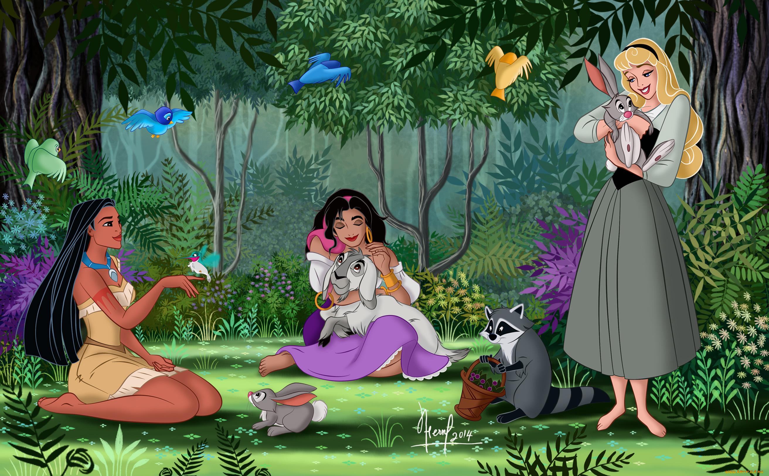 векторная, графика, мультфильмы, , cartoons, лес, фон, взгляд, девушки, поляна, звери, птицы