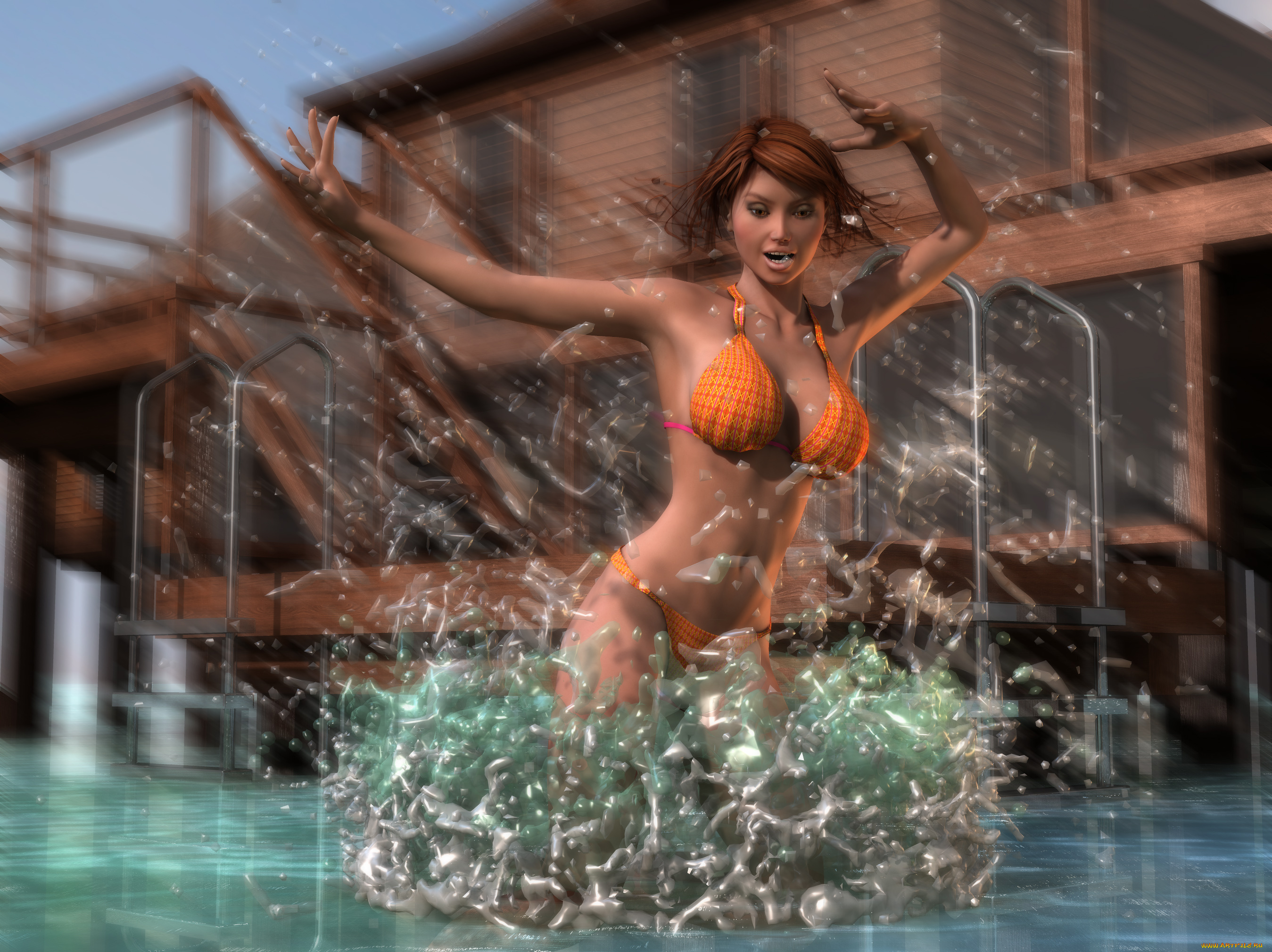 3д, графика, люди, , people, взгляд, девушка, брызги, вода, фон