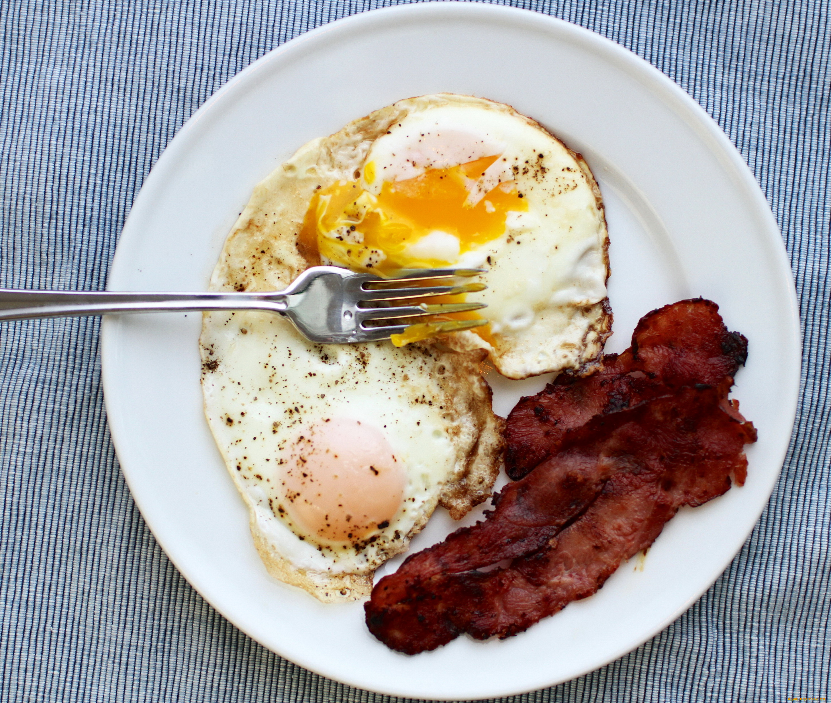 еда, Яичные, блюда, вилка, ветчина, тарелка, яичница