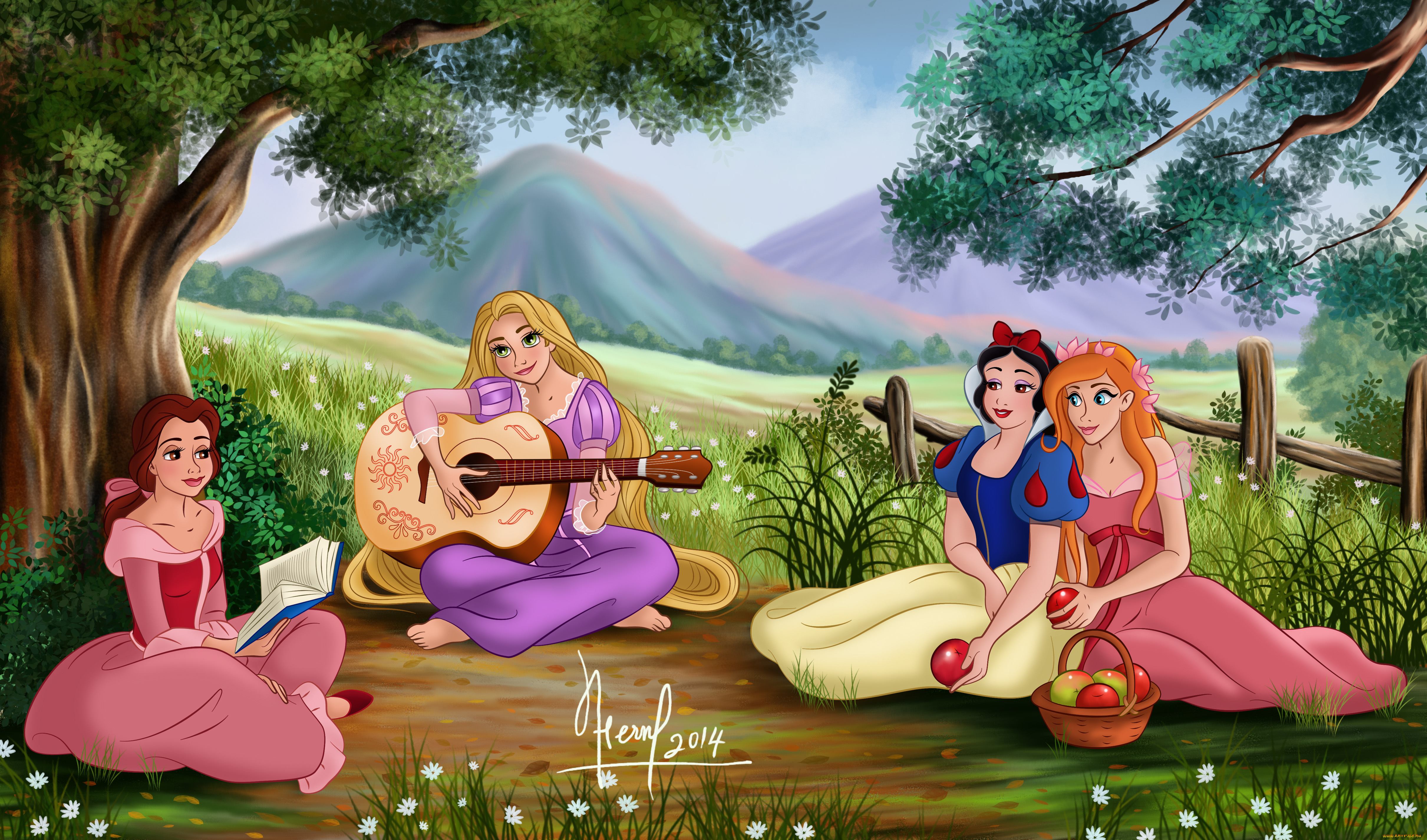 векторная, графика, мультфильмы, , cartoons, луг, горы, гитара, фон, взгляд, девушки, книга, яблока, корзина, цветы, деревья