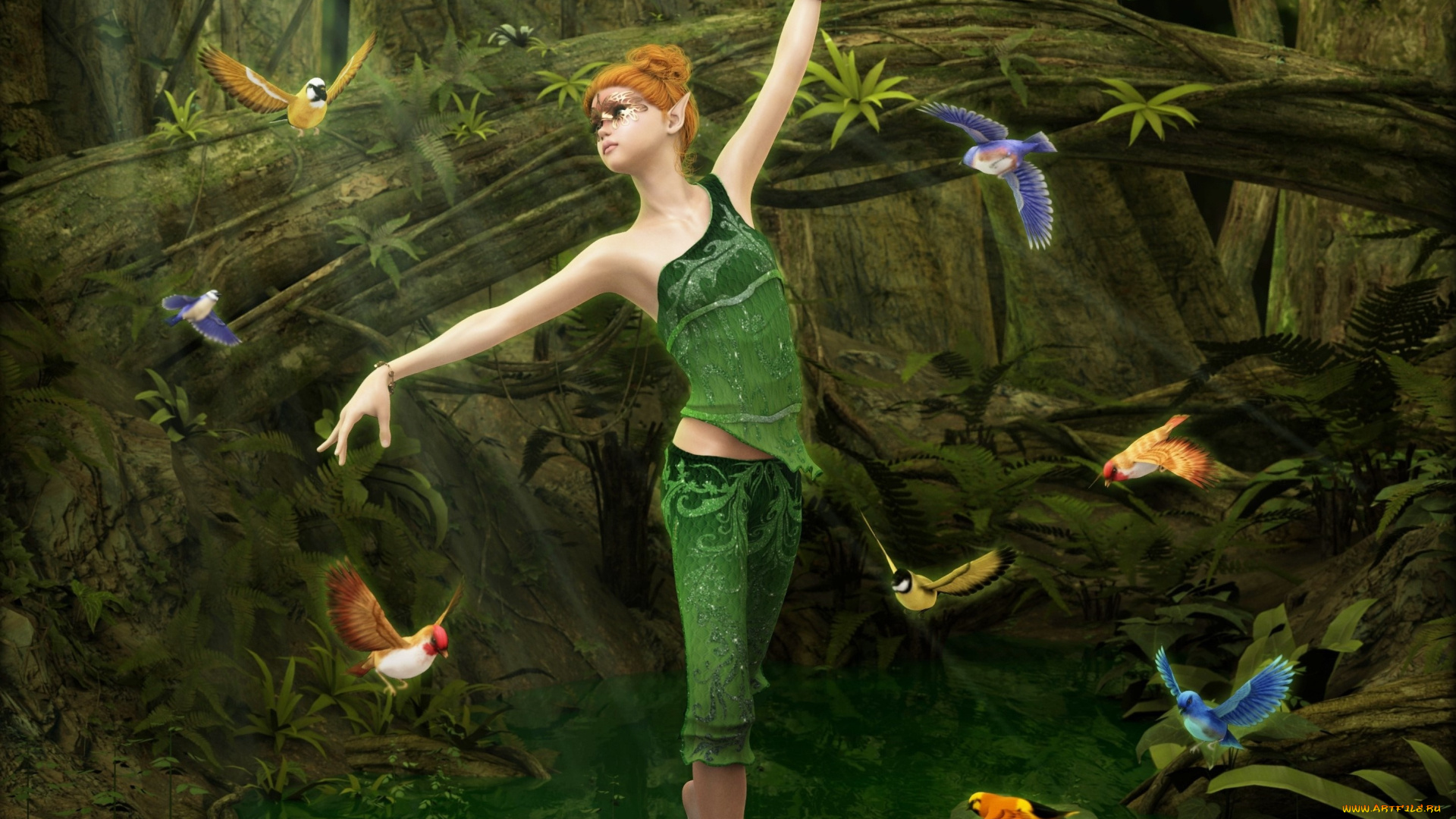 3д, графика, эльфы, , elves, птицы, эльфийка, фон, девушка, взгляд